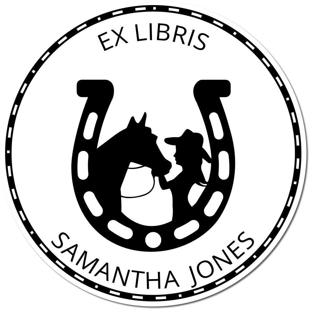 Black-and-white circular Ex Libris stamp seal with horseshoe, horse and woman silhouette, labeled Samantha Jones.