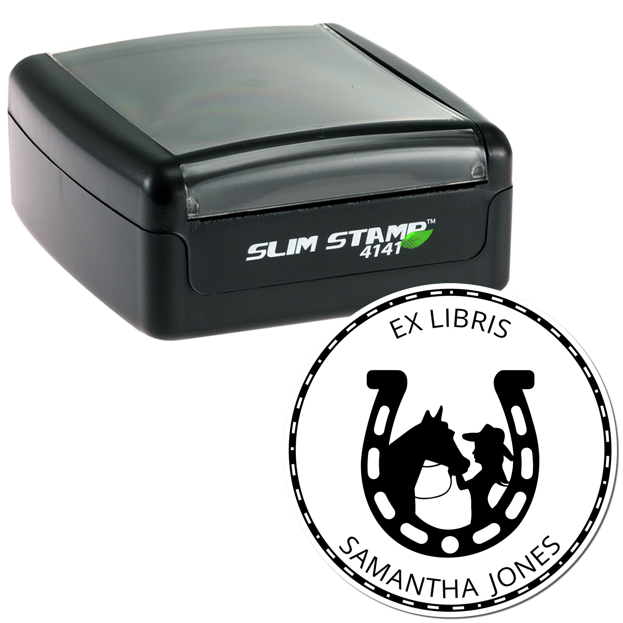 Black Slim Stamp 4141 self-inking stamp with translucent gray top and round ex libris seal featuring horseshoe and horse silhouette.