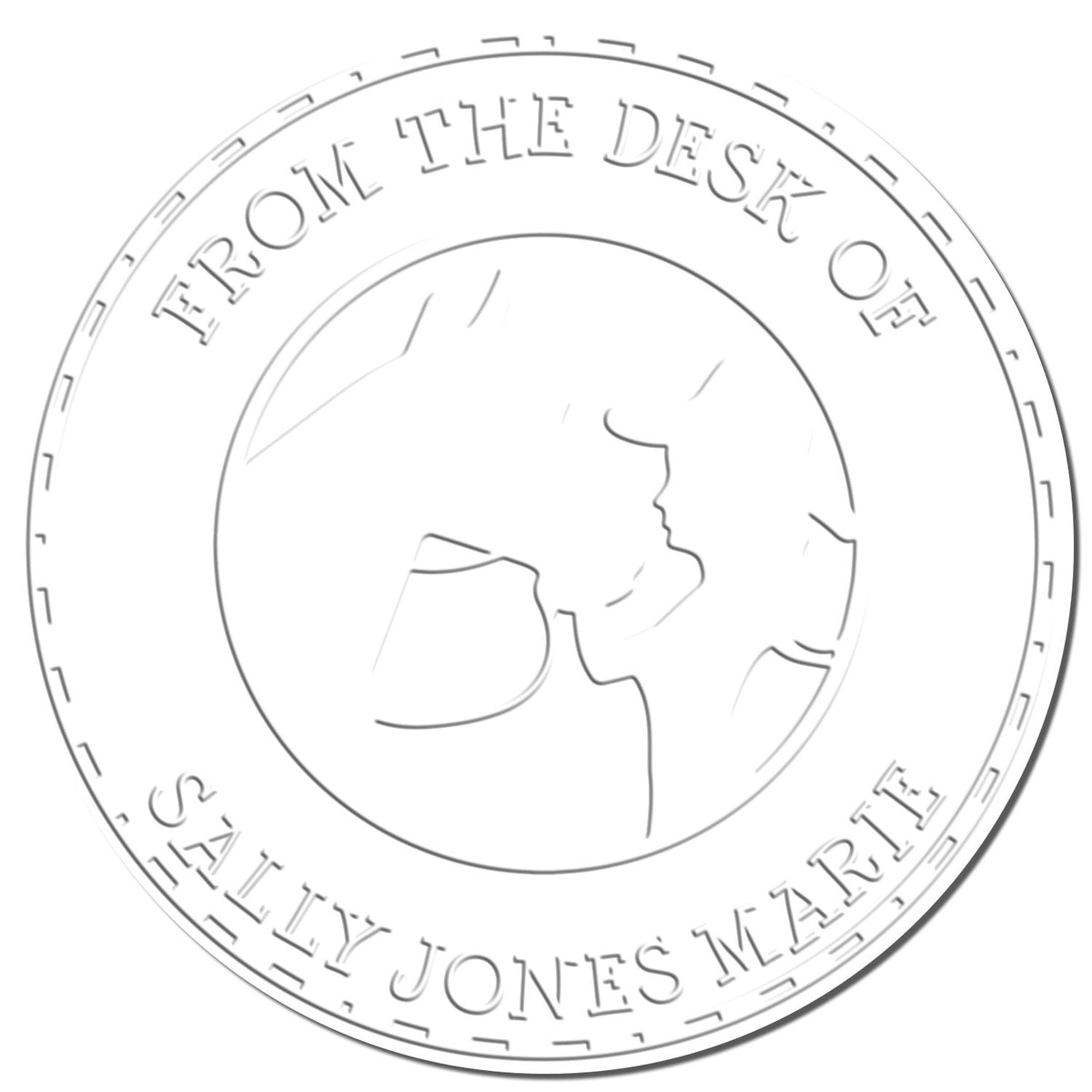 Round white embossed desk seal stamp with profile silhouette and text From the Desk of Sally Jones Marie