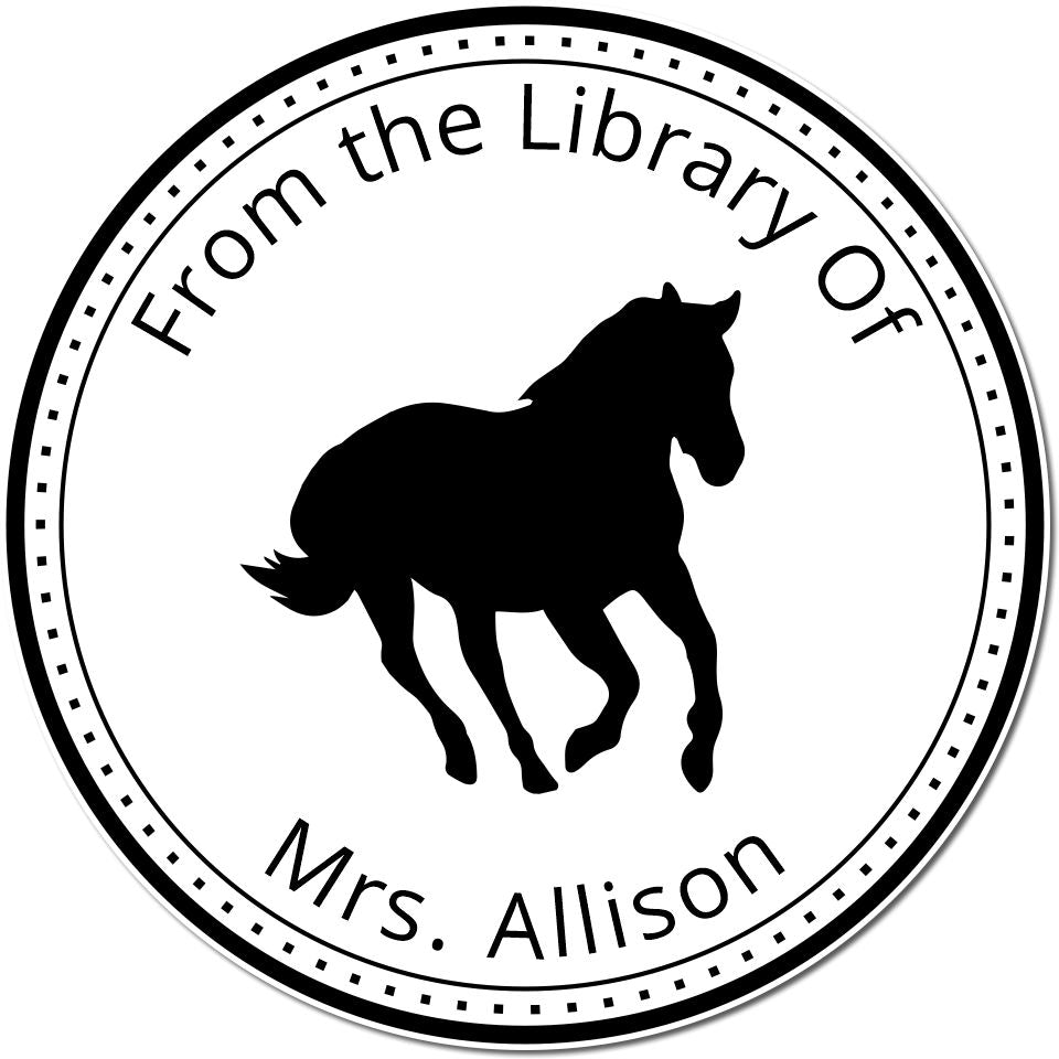 Black-and-white circular custom library stamp seal with a horse silhouette and the text From the Library Of Mrs. Allison.