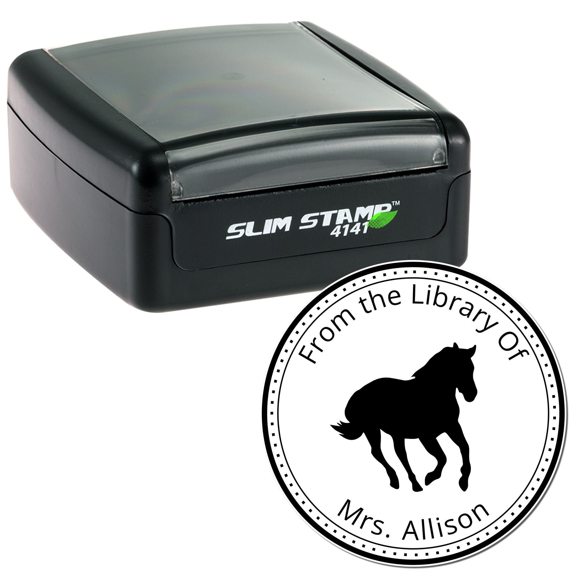 Black Slim Stamp 4141 and round personalized library seal with horse silhouette, black-and-white design on white background