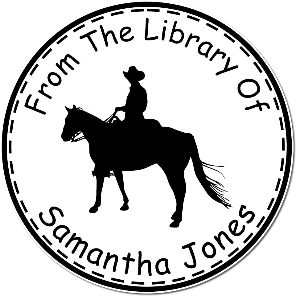 Black circular stamp seal with cowboy on horseback silhouette and text From The Library Of Samantha Jones on a white background.