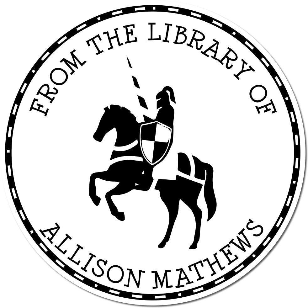 Black-and-white circular library stamp seal with a knight on horseback and shield, reading From the Library of Allison Mathews.