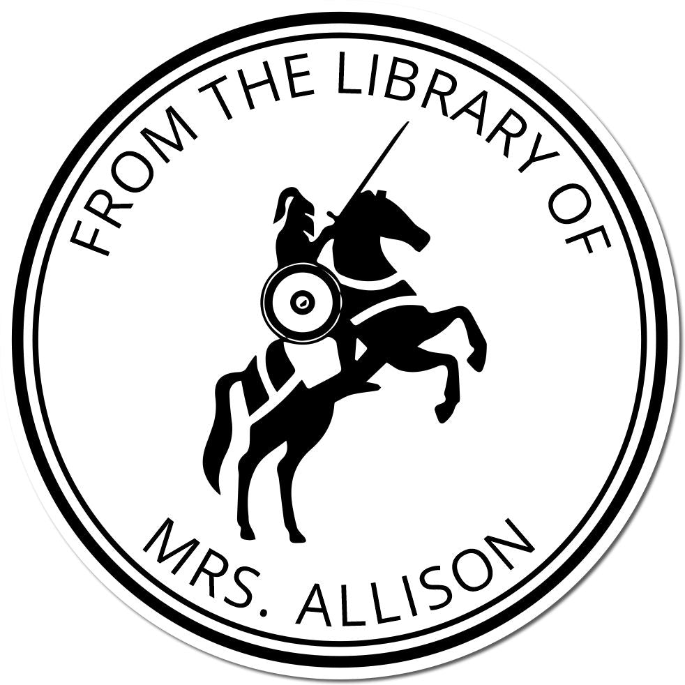 Black circular library stamp seal with rearing horse and rider, reading From the Library of Mrs. Allison.