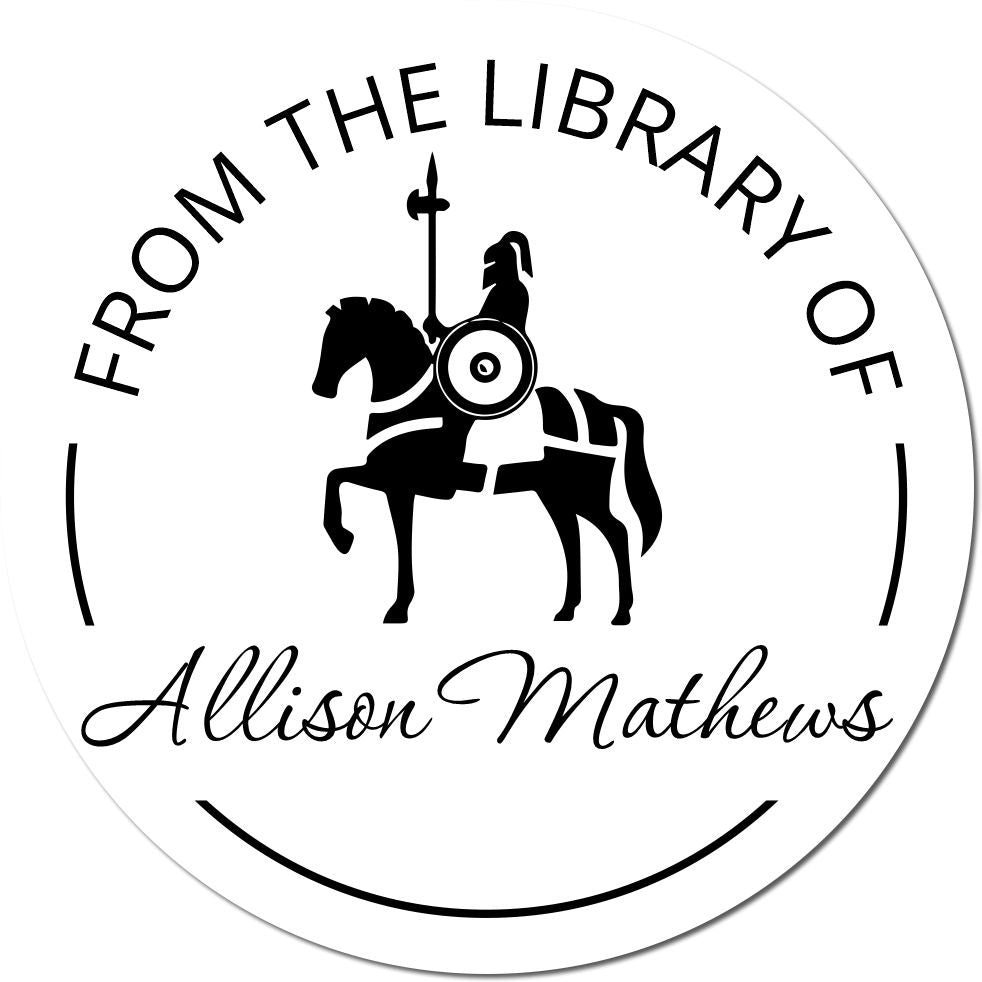 Circular white stamp seal with black horse-and-rider emblem, From the Library of text, and Allison Mathews in cursive.