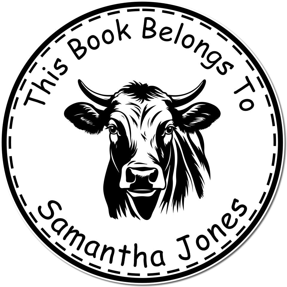 Black-and-white round custom book stamp seal with cow head and dashed border, reading This Book Belongs To Samantha Jones.