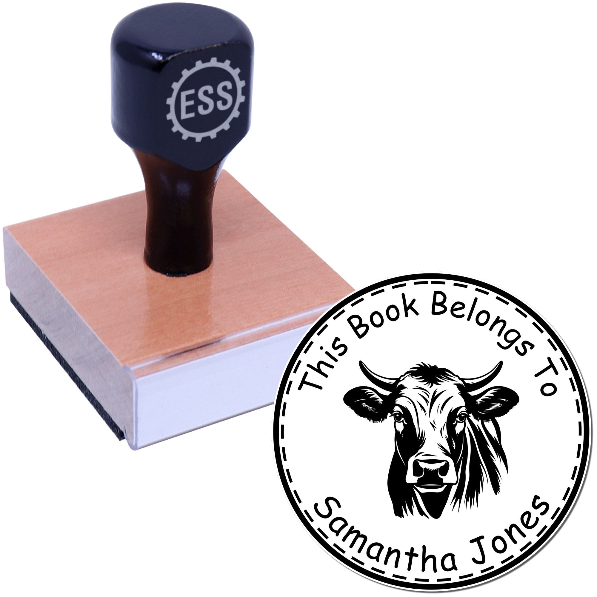 Wood Handle Buttercup Cow Custom Book Ownership Stamp