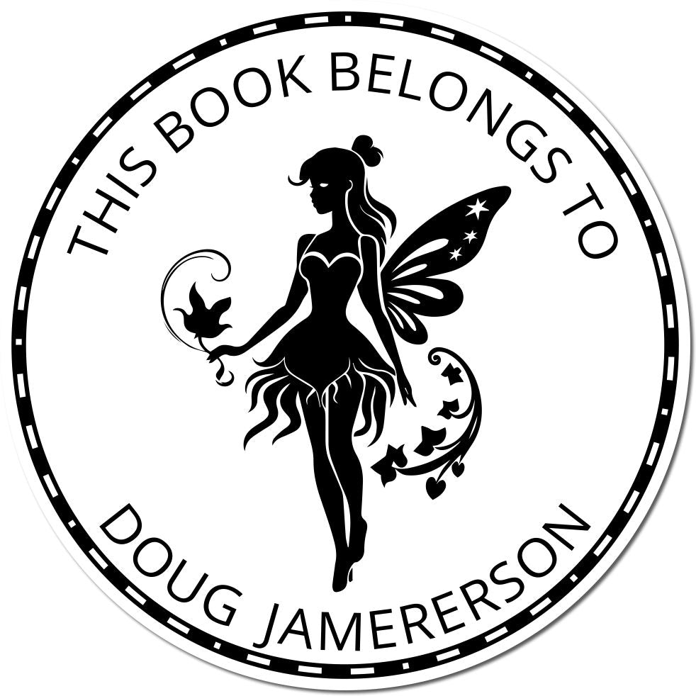 Round black-and-white personalized book stamp seal with fairy silhouette and text This book belongs to Doug Jamererson