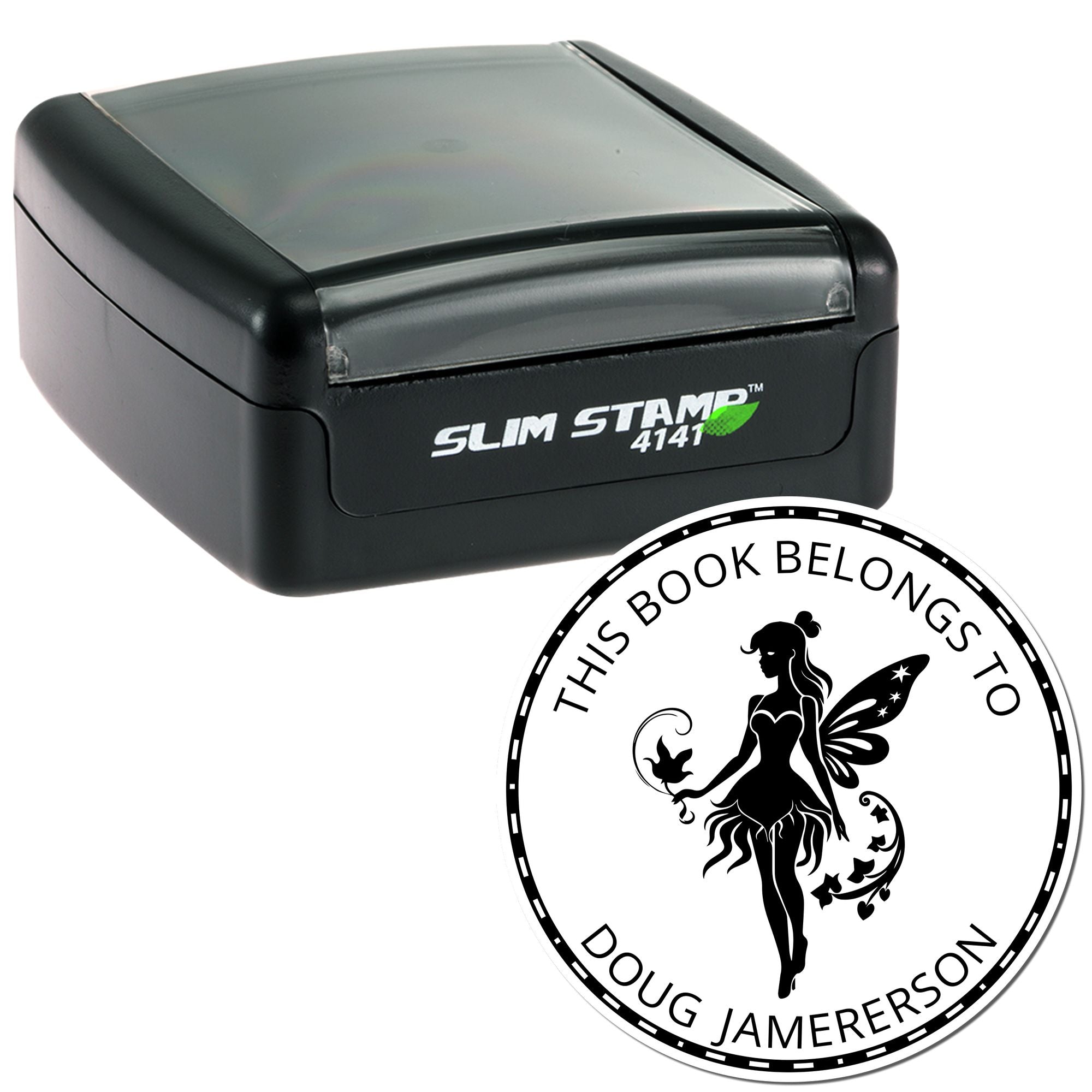 Black Slim Stamp 4141 self-inking stamp and circular custom seal with fairy silhouette, black and white design on white background.