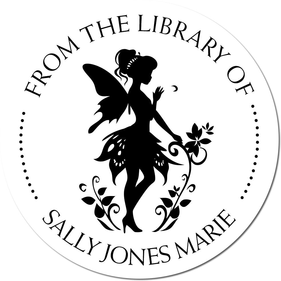 Custom black-and-white round library stamp seal with fairy silhouette and floral vines, reading From the Library of Sally Jones Marie.