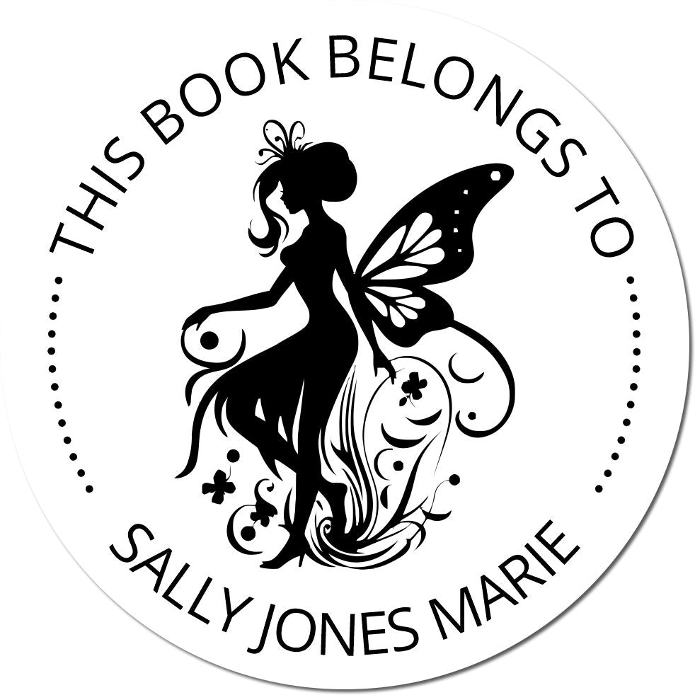 Black circular book stamp seal with fairy silhouette and decorative swirls, reading This book belongs to Sally Jones Marie.