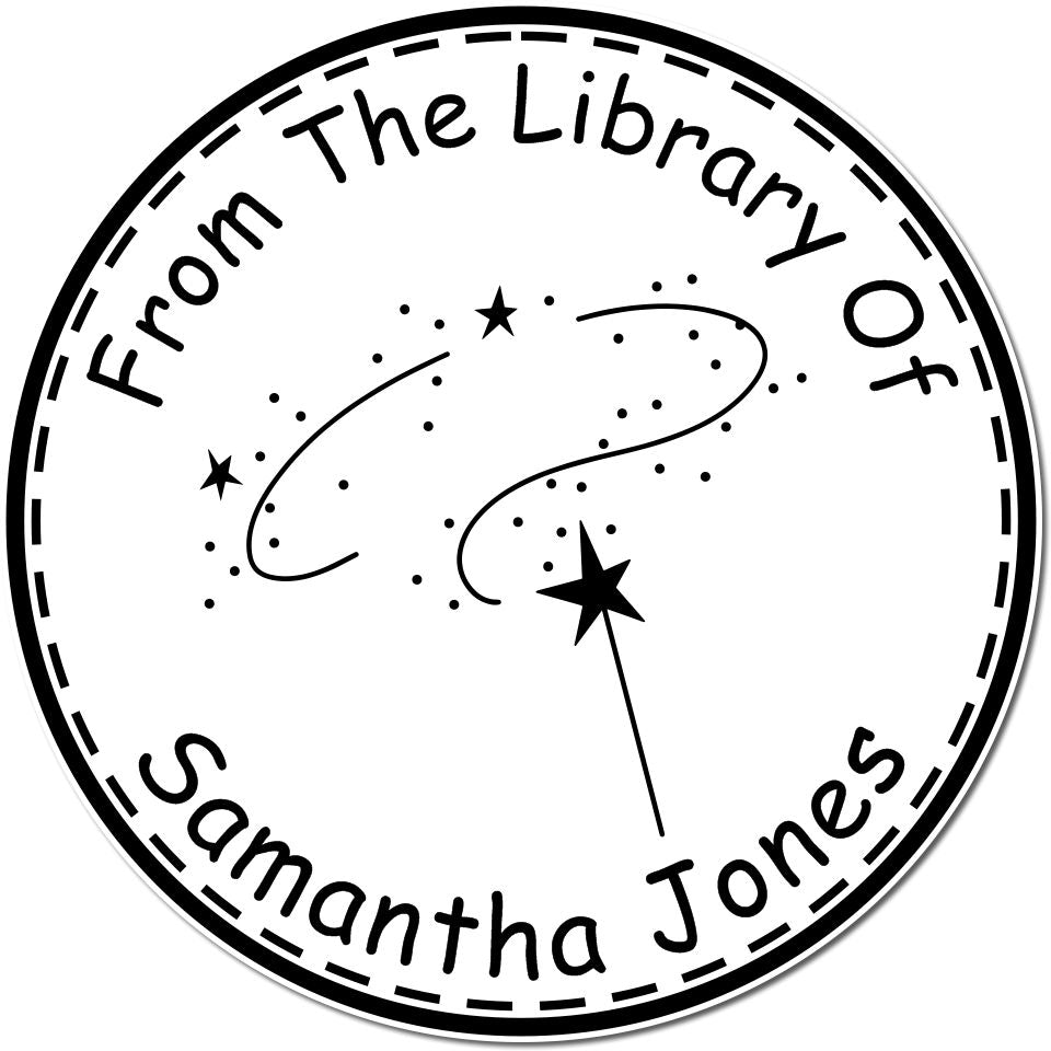 Black-and-white circular library stamp seal reading From The Library Of Samantha Jones with stars and dotted swirl.