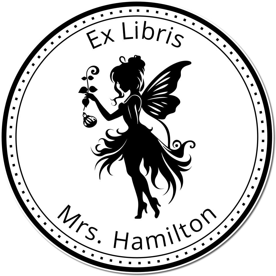 Black circular ex libris stamp seal with fairy silhouette holding a flower, decorative border, and Mrs. Hamilton text.