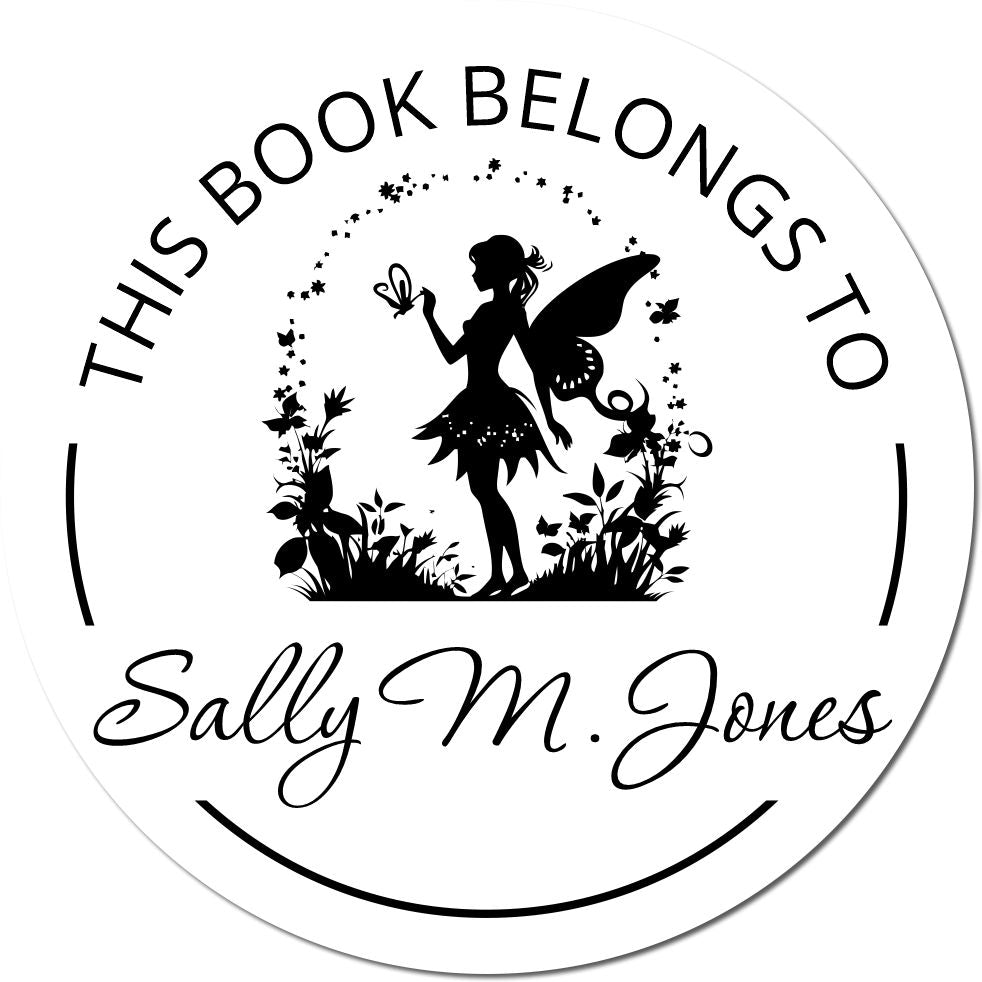 Personalized black-and-white round book plate stamp seal with fairy silhouette, floral accents, and Sally M. Jones