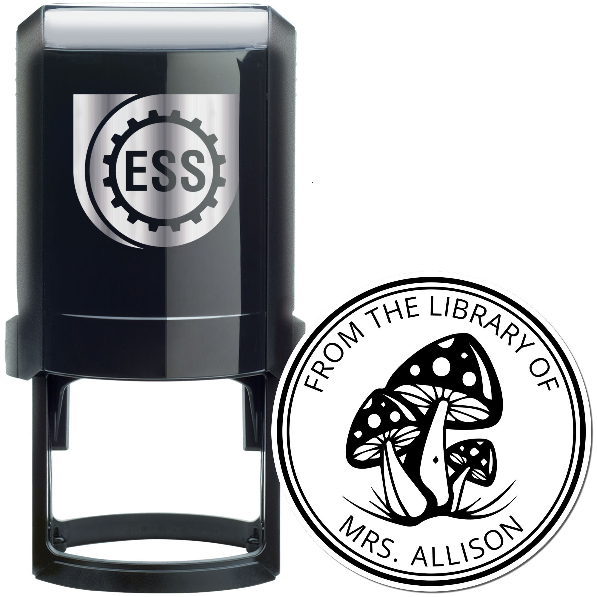 Black ESS stamp and seal products with silver logo and circular library seal featuring a mushroom design