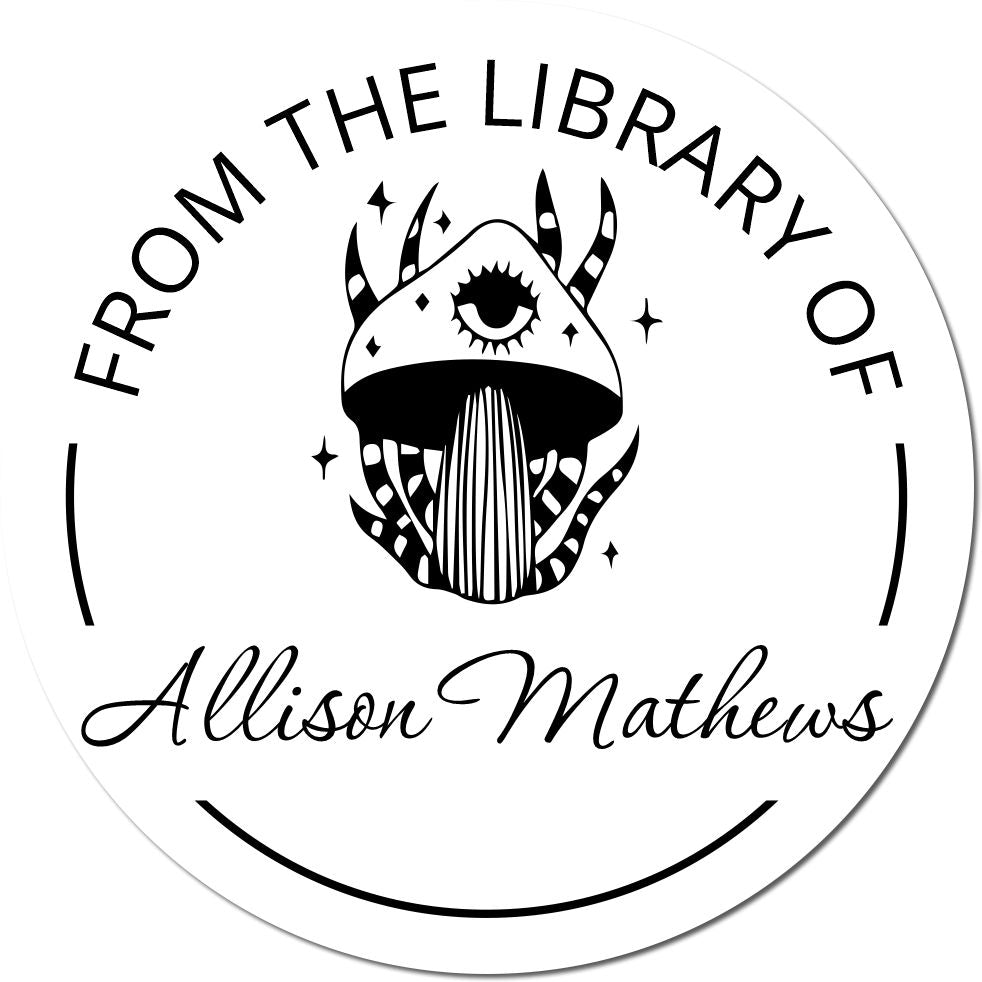 Black-and-white circular library stamp seal with stylized monster icon, From the Library of, and Allison Mathews.