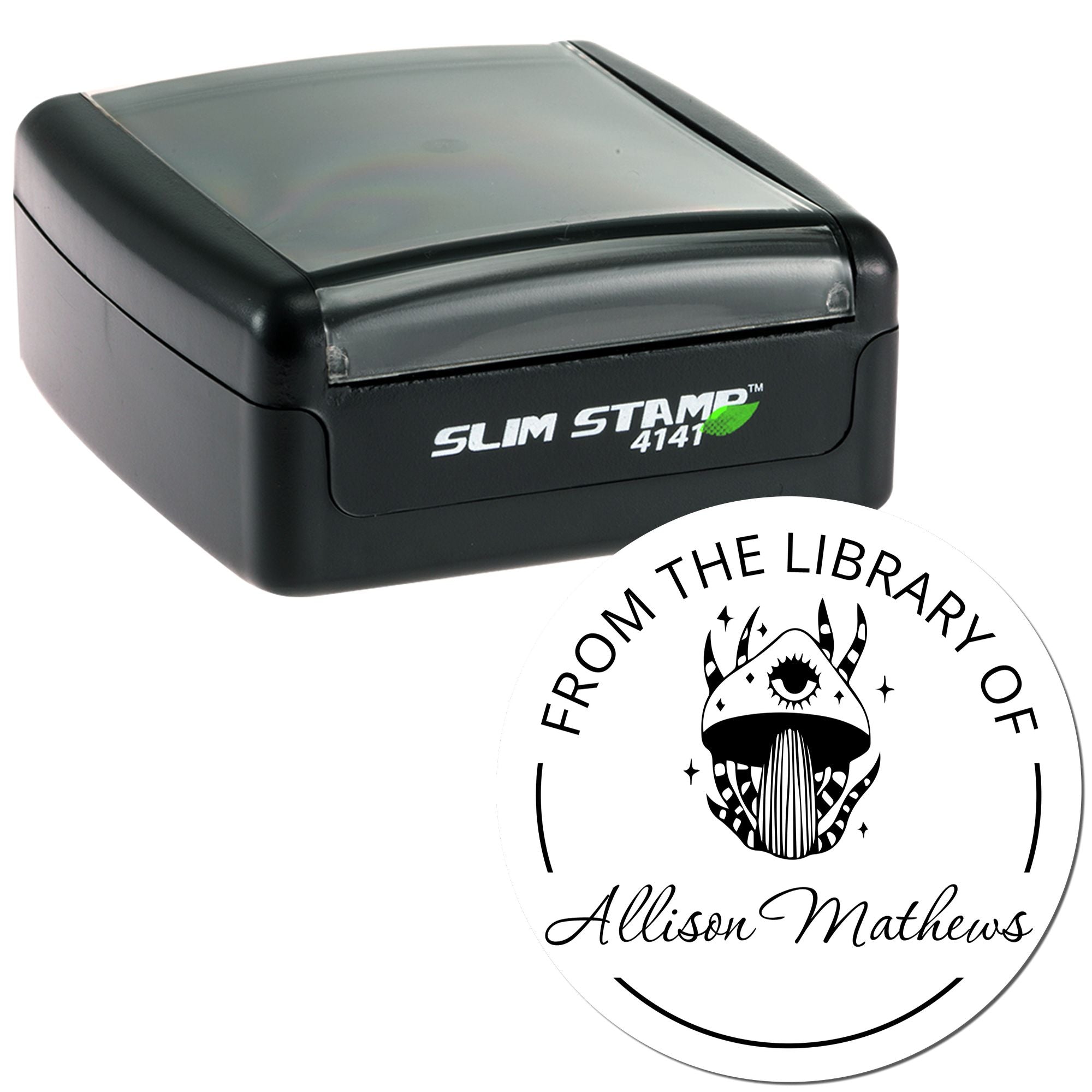 Black Slim Stamp 4141 self-inking stamp with custom round white library seal reading From the Library of Allison Mathews and mushroom art.