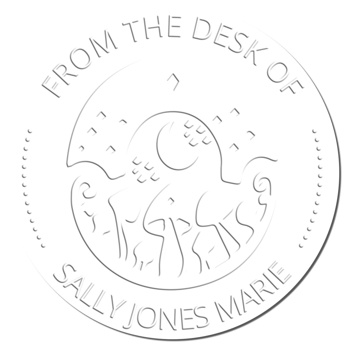 White circular embossed desk stamp seal with raised text From the Desk of Sally Jones Marie and abstract figure design.