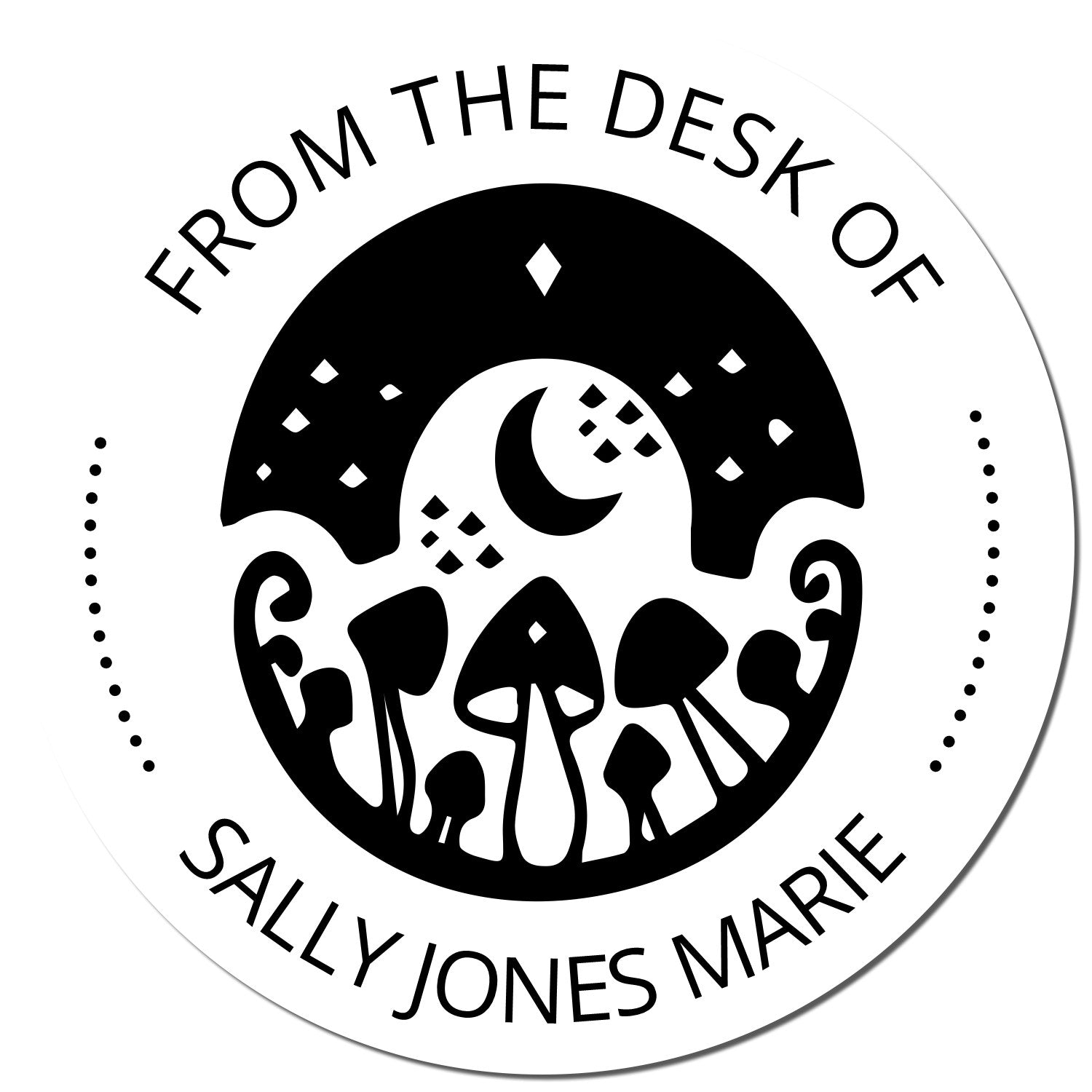Black-and-white circular stamp seal with mushrooms, crescent moon, and text From the Desk of Sally Jones Marie.