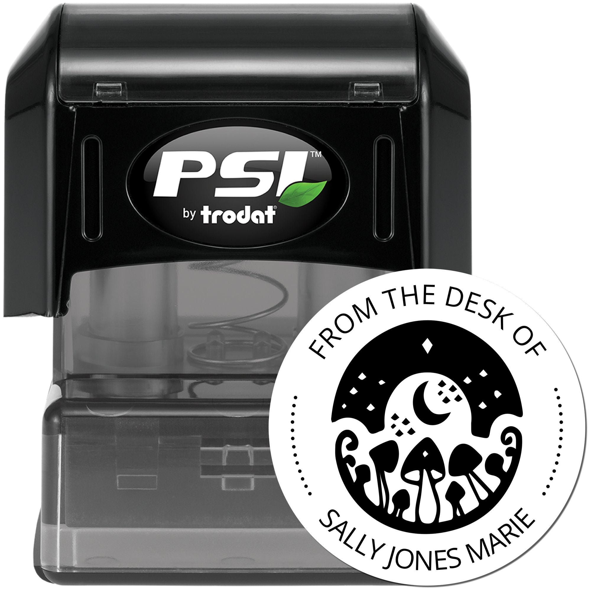 Black PSI by Trodat self-inking stamp with clear case and white circular custom desk seal for Sally Jones Marie.