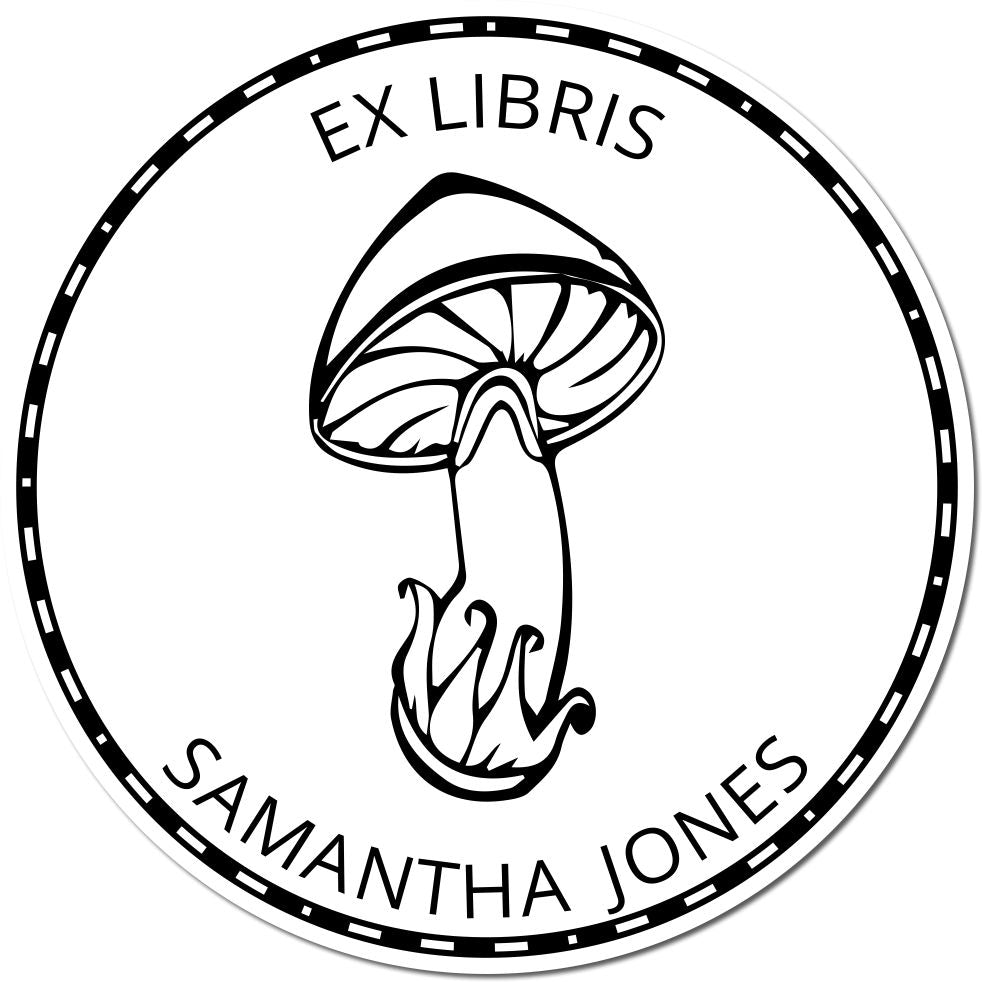 Black-and-white circular ex libris stamp seal with mushroom illustration and Samantha Jones text.