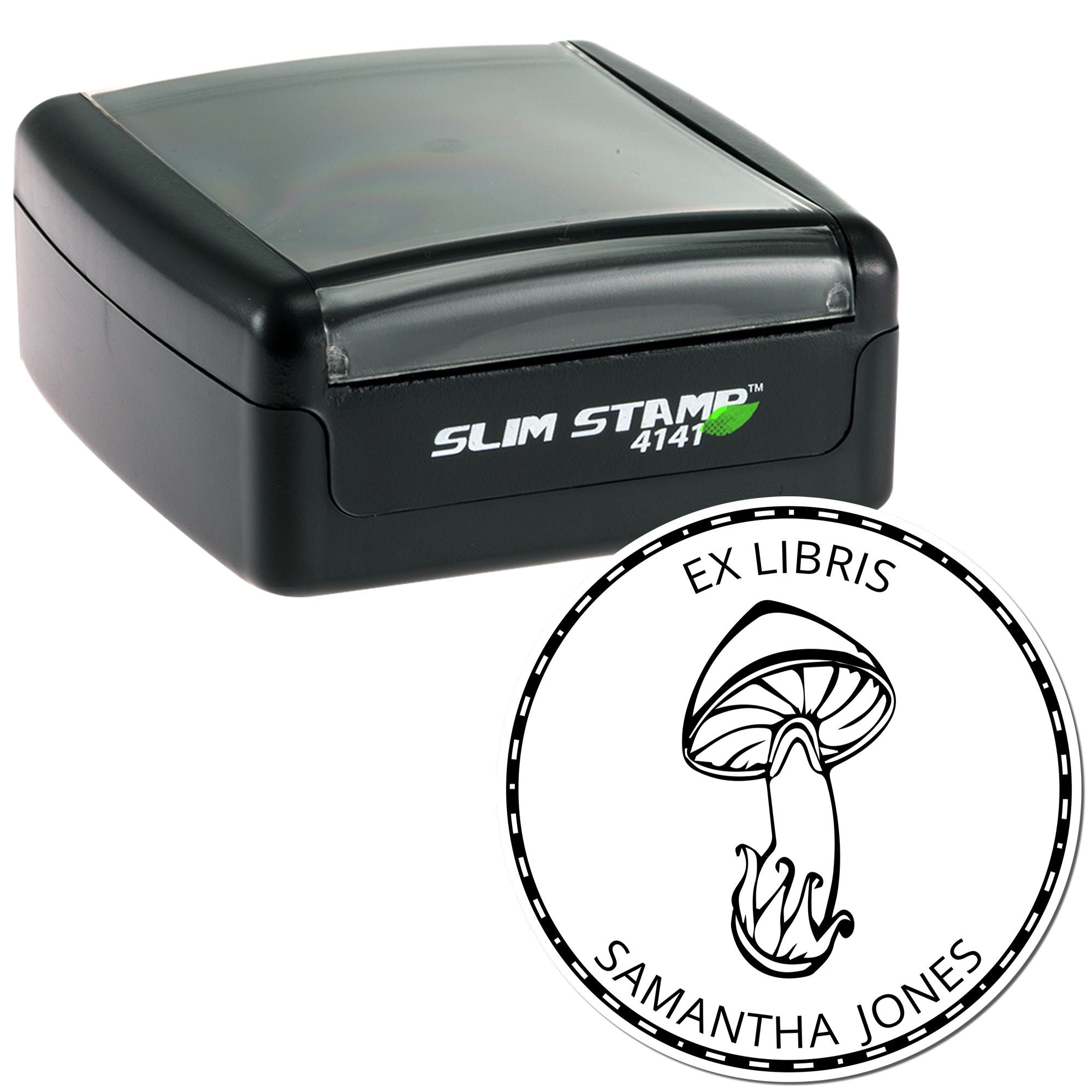 Black Slim Stamp 4141 and round ex libris seal with mushroom design and Samantha Jones text.