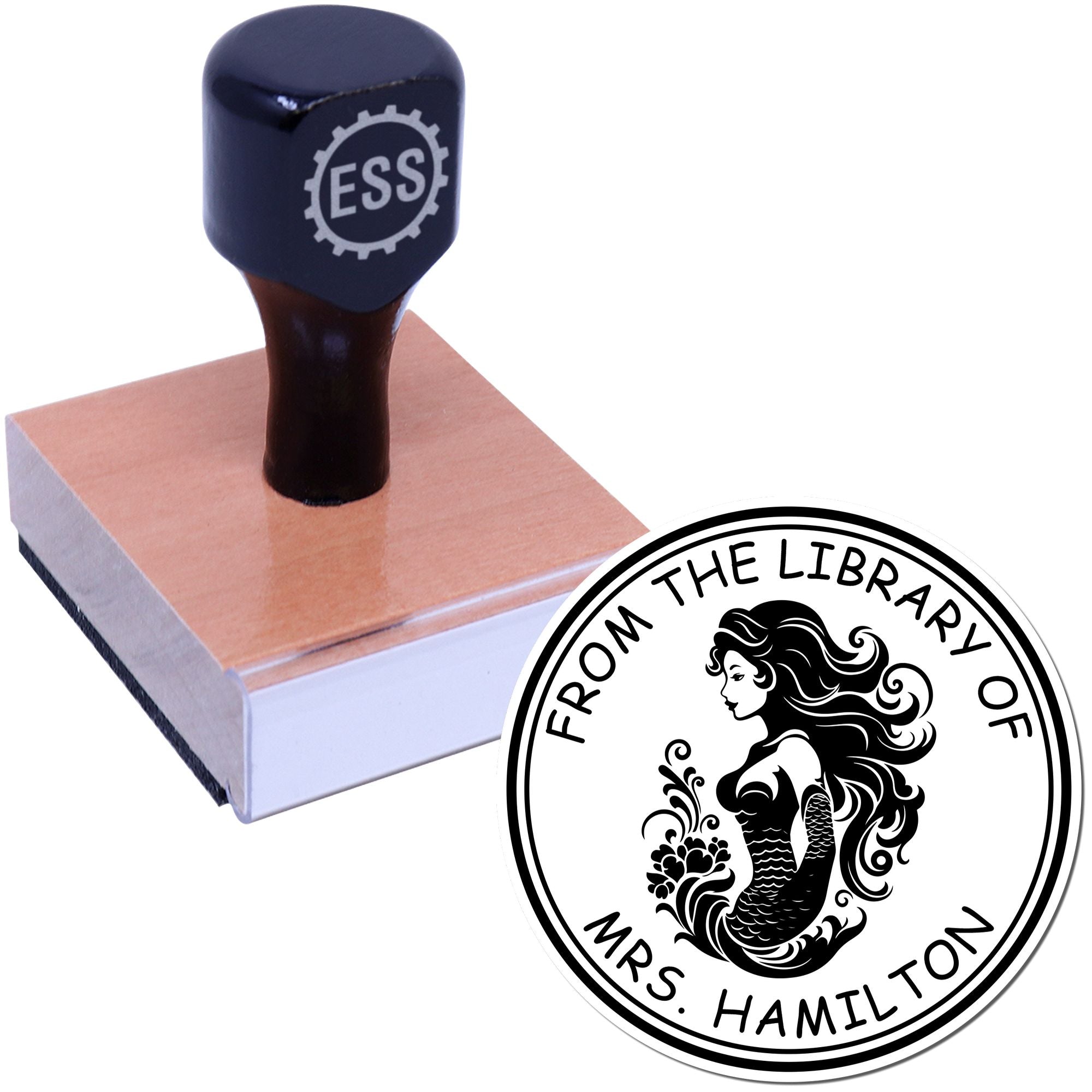 Wood Handle Oceana Seaglimmer Mermaid Personalized Ex Libris Bookplate Stamp