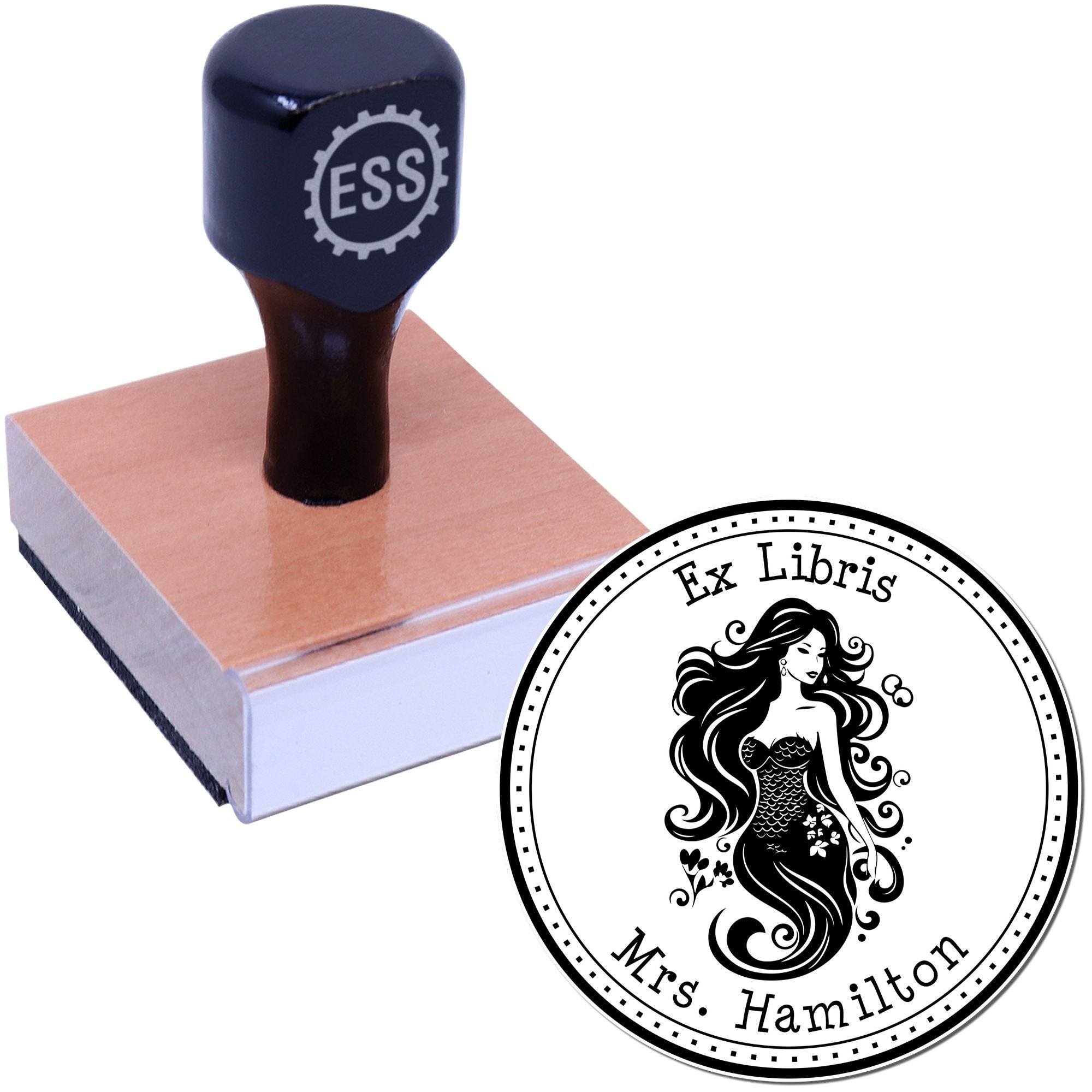 Wood Handle Azura Wavebound Mermaid Personalized Ex Libris Library Stamp