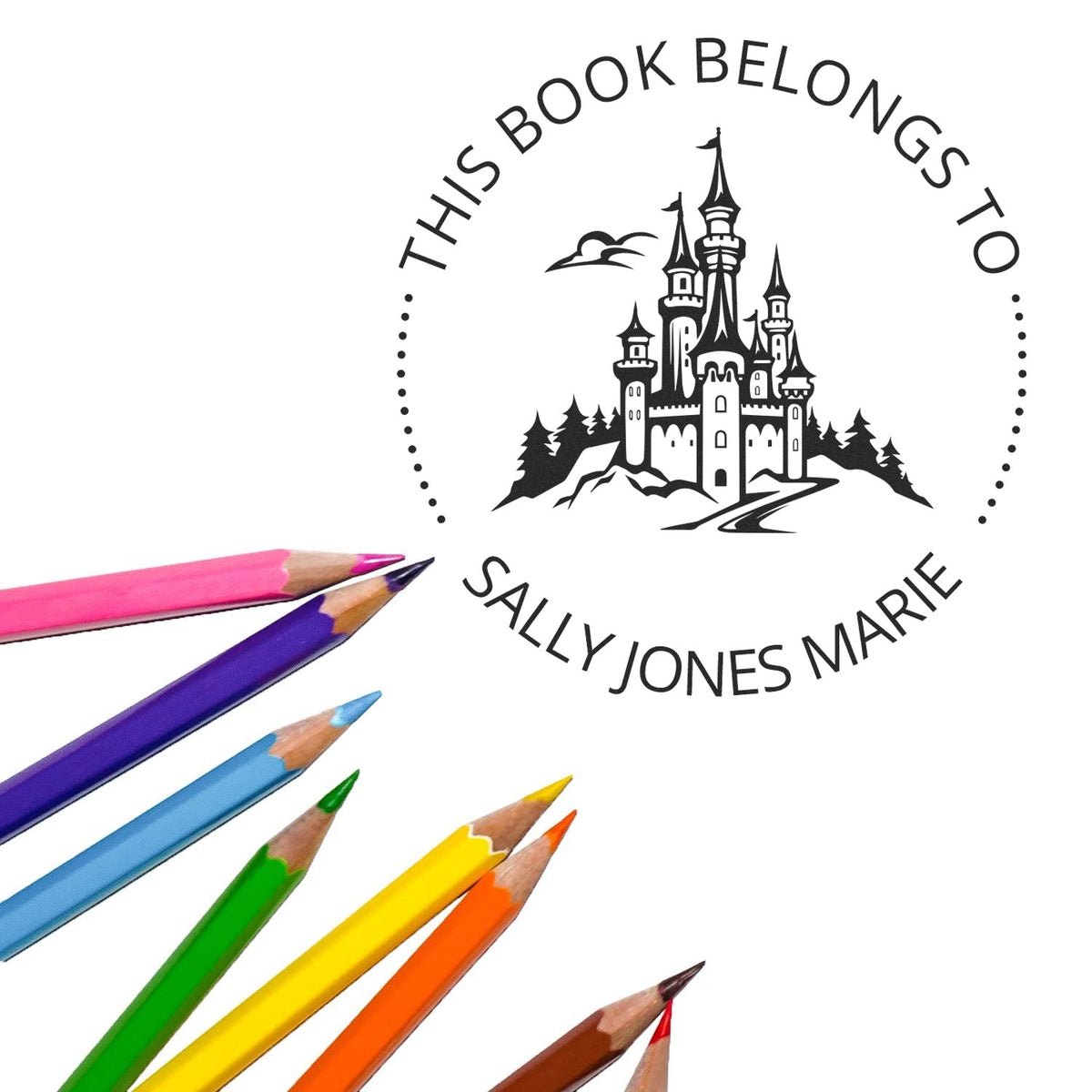 Custom black round book logo stamp seal with castle, Sally Jones Marie text, and colorful pencils on white background.