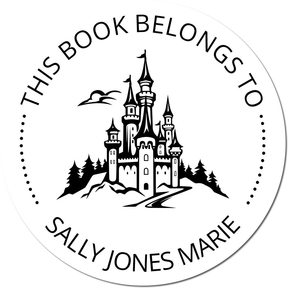 Black-and-white round book stamp seal with castle, reading This Book Belongs to Sally Jones Marie.