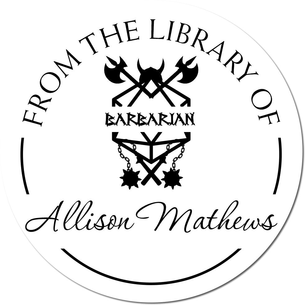 Custom black-and-white library seal stamp with barbarian emblem, crossed axes, and Allison Mathews in script.
