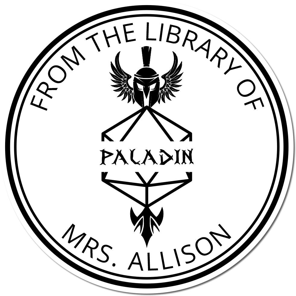 Black circular library stamp seal with a winged paladin emblem and text From the Library of Paladin Mrs. Allison