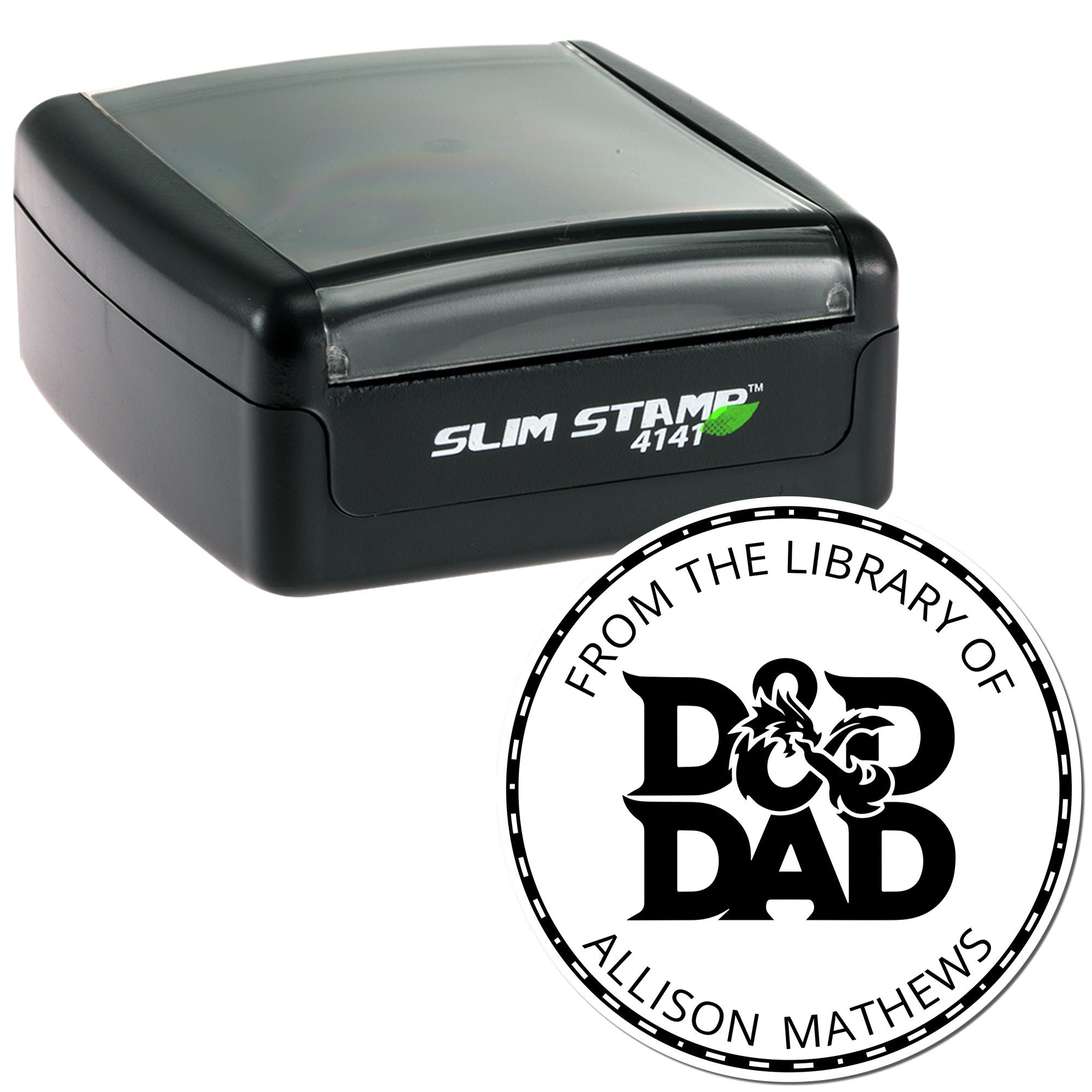 Black SlimStamp self-inking stamp with round black-and-white seal reading From the Library of Dad