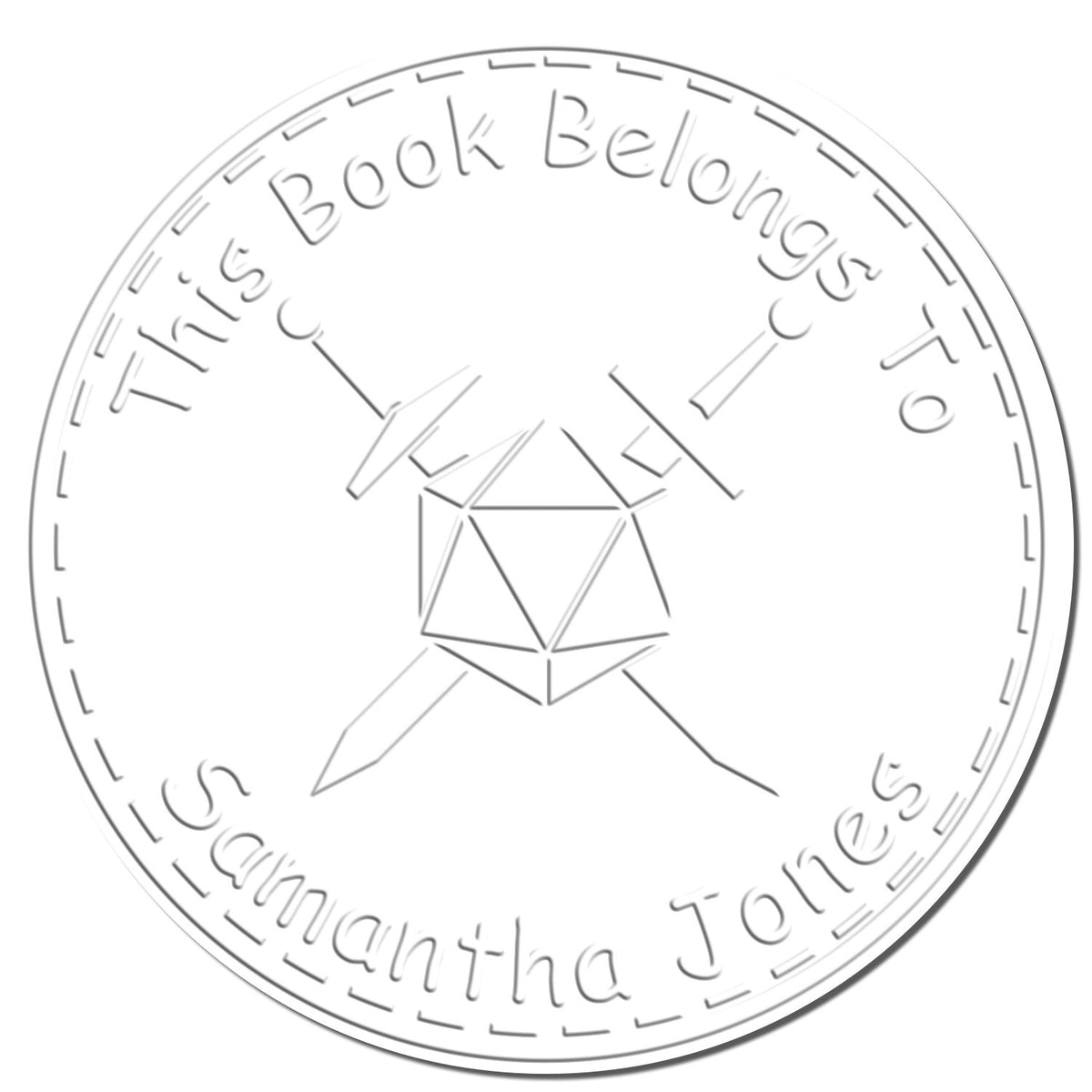 White embossed circular book ownership stamp and seal reading This Book Belongs to Samantha Jones with geometric fox icon.