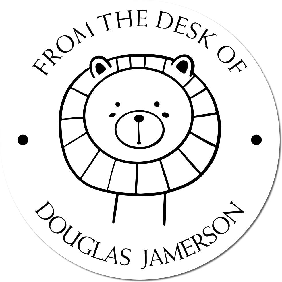 FlutterPaws Cartoon Animal Self-Inking Custom-Made From The Study Of Stamp featuring a cute lion design. Personalized New Address Stamp with 'From the Desk of Douglas Jamerson' text encircling the cartoon lion on a round white background.