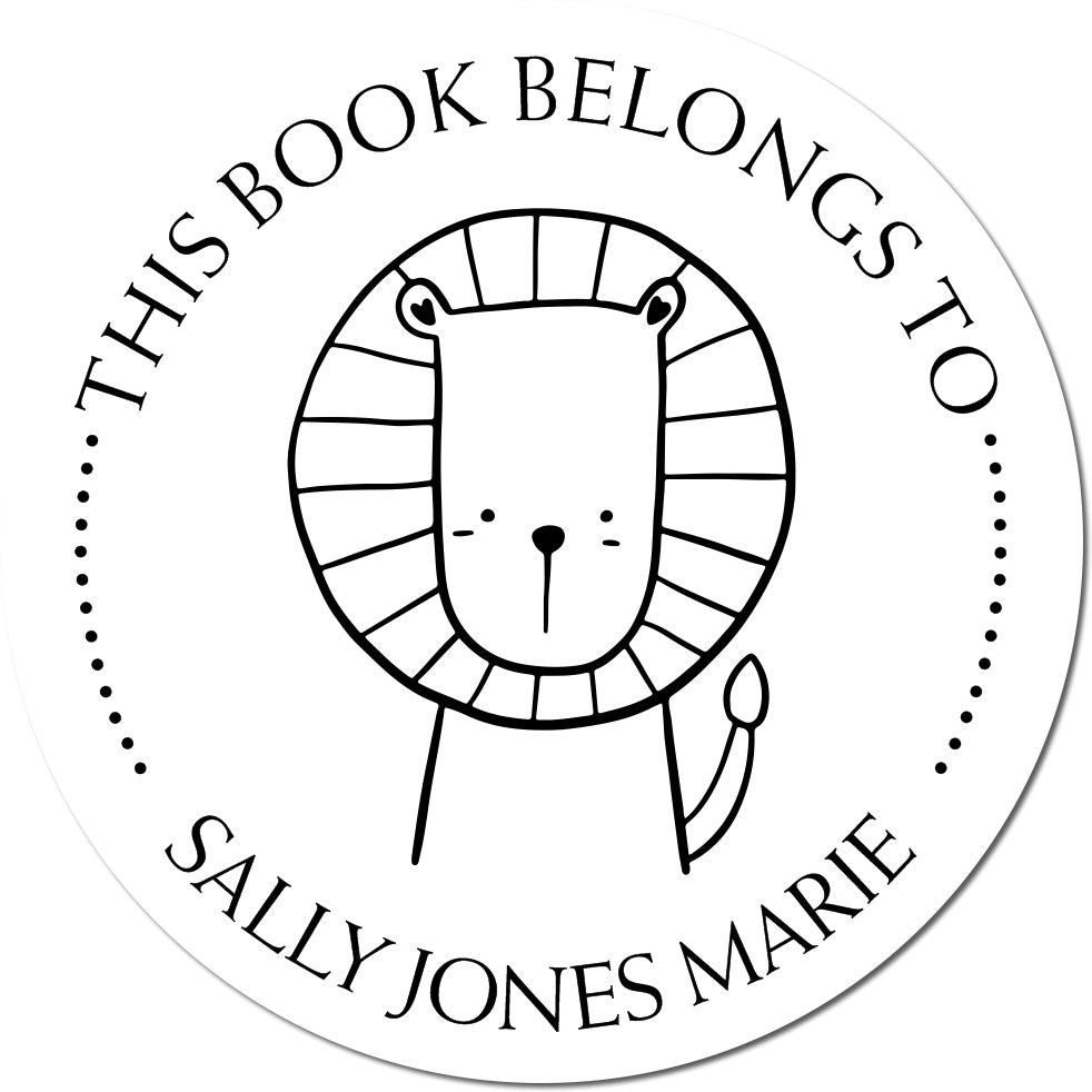 Slim Pre-Inked ZippyZap Cartoon Animal Custom Book Personalization Stamp featuring a cute lion design. Text reads 'This Book Belongs To Sally Jones Marie.' Ideal for a customizable home stamp.