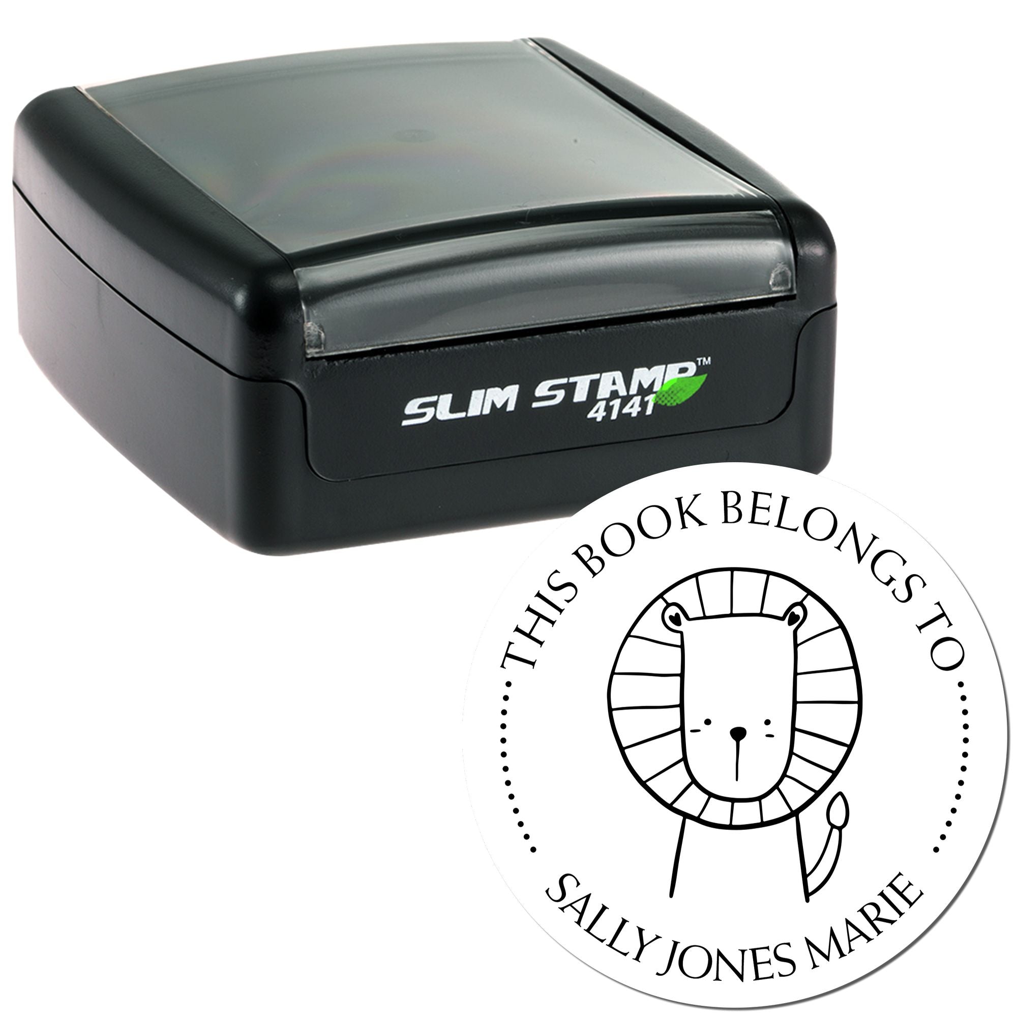 Image of a Slim Pre-Inked ZippyZap Cartoon Animal Custom Book Personalization Stamp featuring a cute lion design. The stamp is black and compact, ideal for book personalization. Includes customizable address stamper options for personalized use.