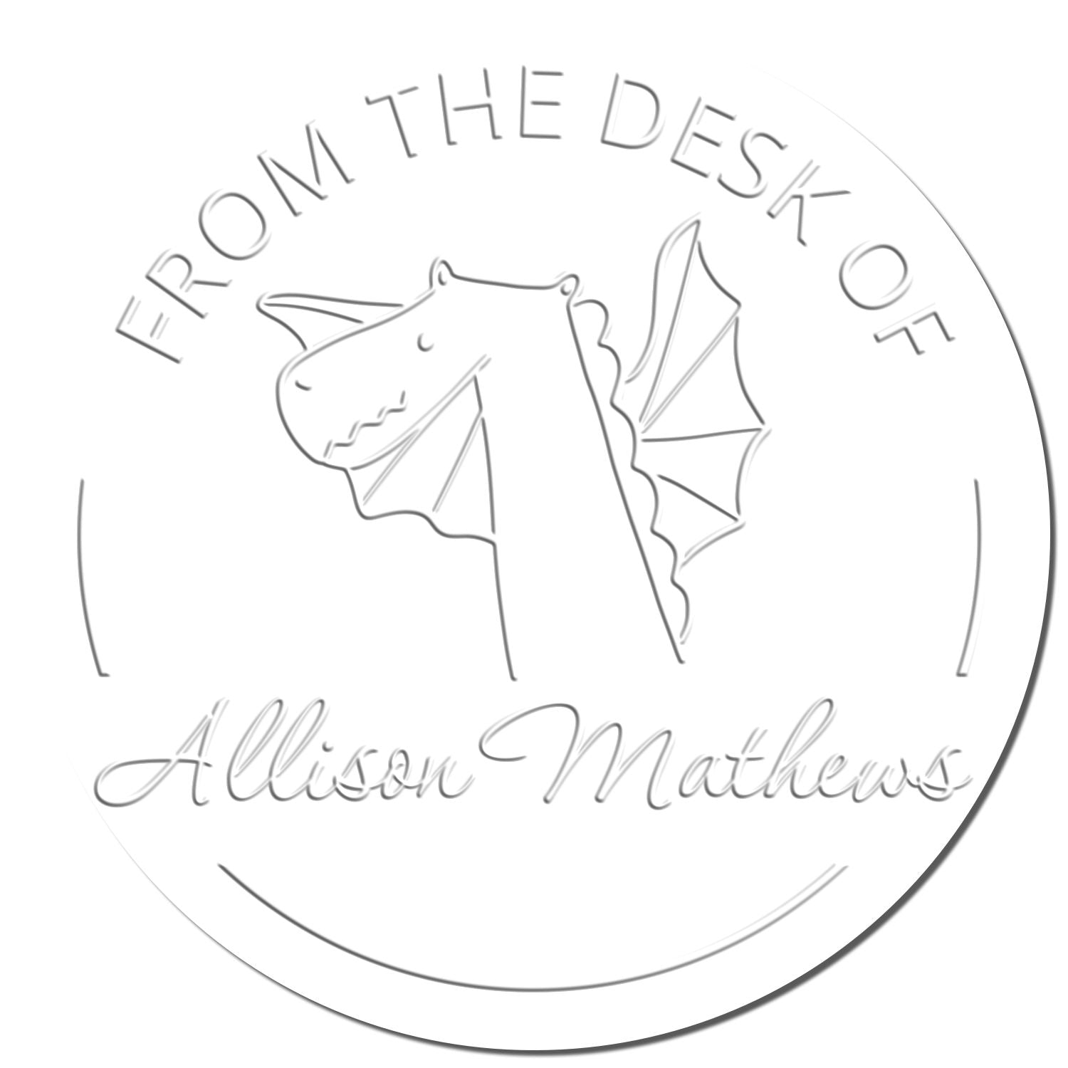 SnuggleSnout cartoon animal design on a custom-made return mail stamp, featuring a dragon with wings. The stamp is personalized with the name "Allison Mathews" and labeled "From the Desk Of," ideal for library seals.