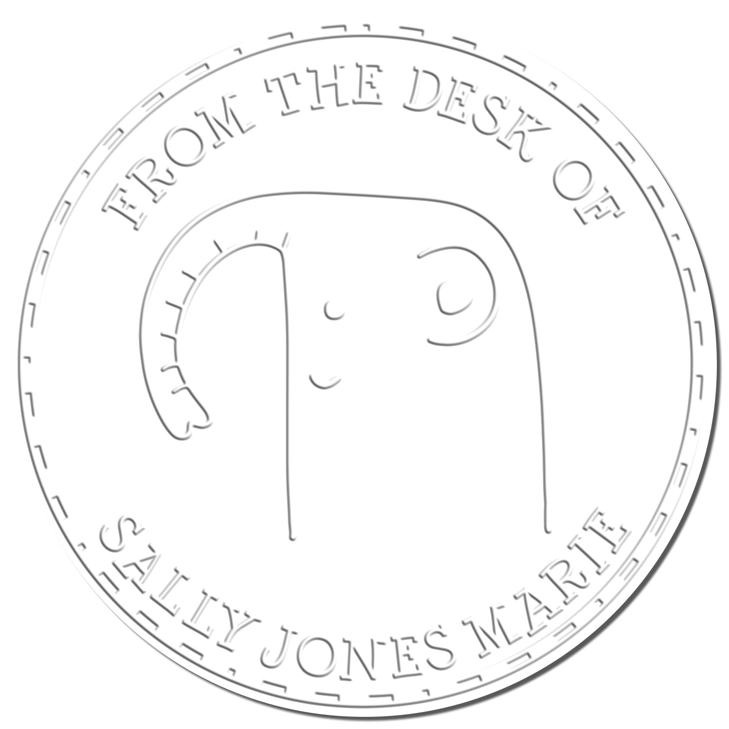 A circular embosser design featuring a GiggleWiggle cartoon animal hybrid. The text reads From the Desk of Sally Jones Marie. This customized library return embosser doubles as a custom-made mailing stamper, showcasing a playful and unique design.
