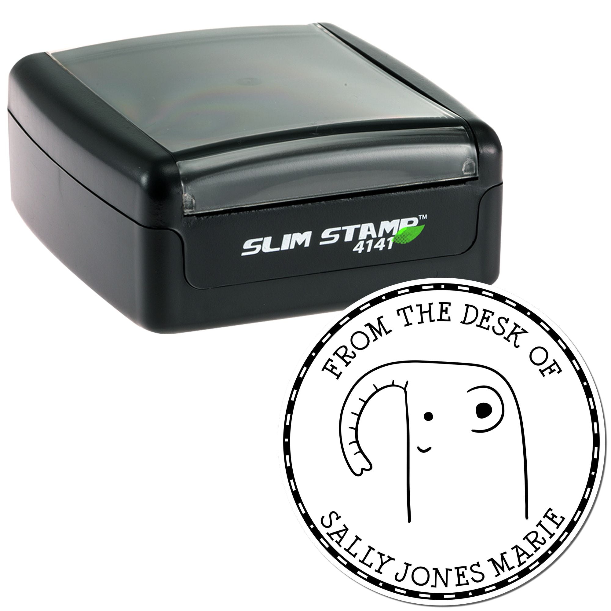 Image of a Slim Pre-Inked GiggleWiggle Cartoon Animal Custom Book Property Stamp and Personalized Return Mail Stamper. The stamp features a cute cartoon animal with the text "From the Desk of Sally Jones Marie" in a circular design.