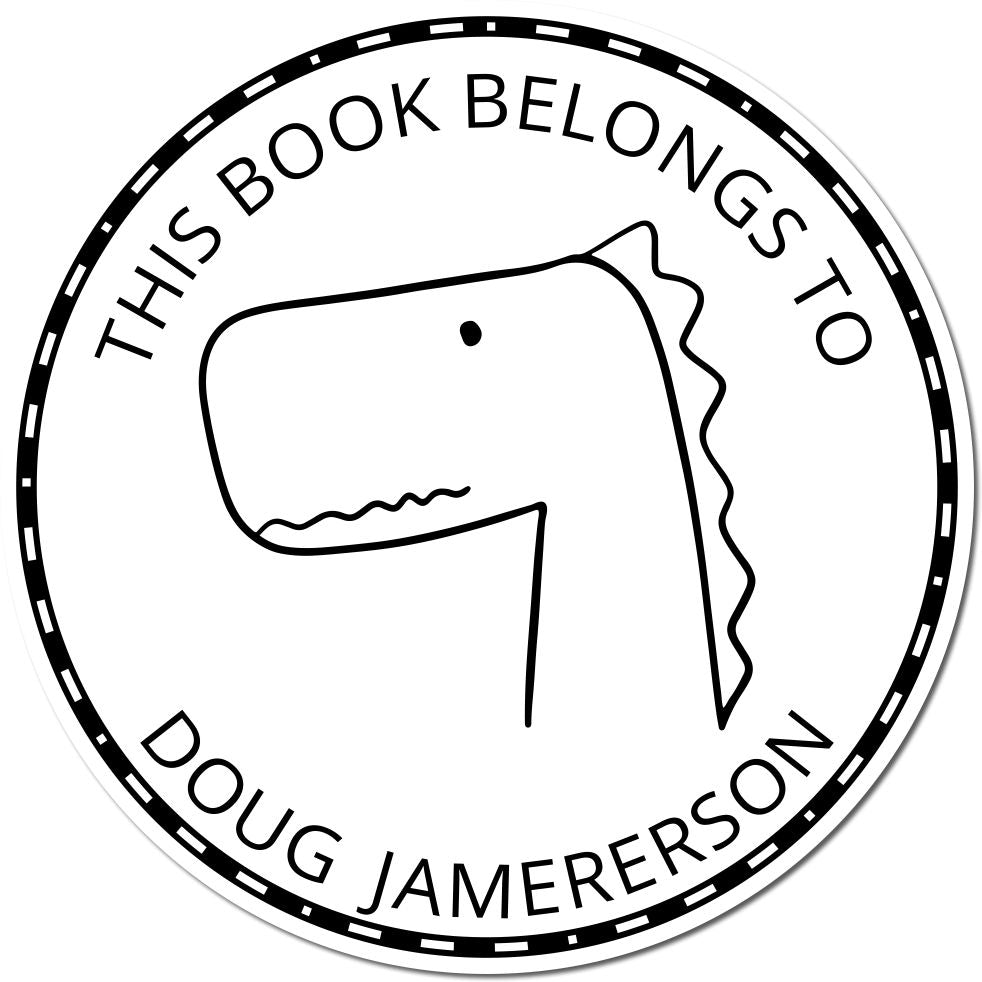 Cartoon animal design on a JellyBeanJump self-inking custom-made name for library stamp. Text reads "This Book Belongs To Doug Jamerson." Personalizable home stamp with a simple dinosaur illustration.