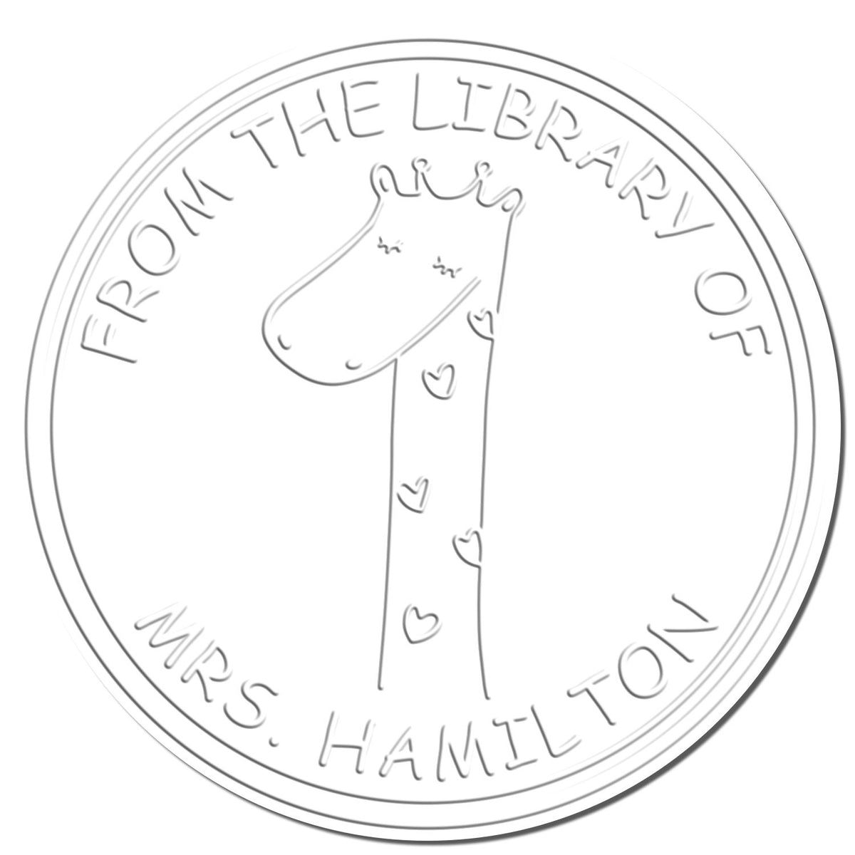 SquiggleSquash Cartoon Animal Desk Custom-Made Seal featuring a giraffe with a crown and hearts, encircled by the text 'From the Library of Mrs. Hamilton.' This design is a Custom-Made New Address Stamp.