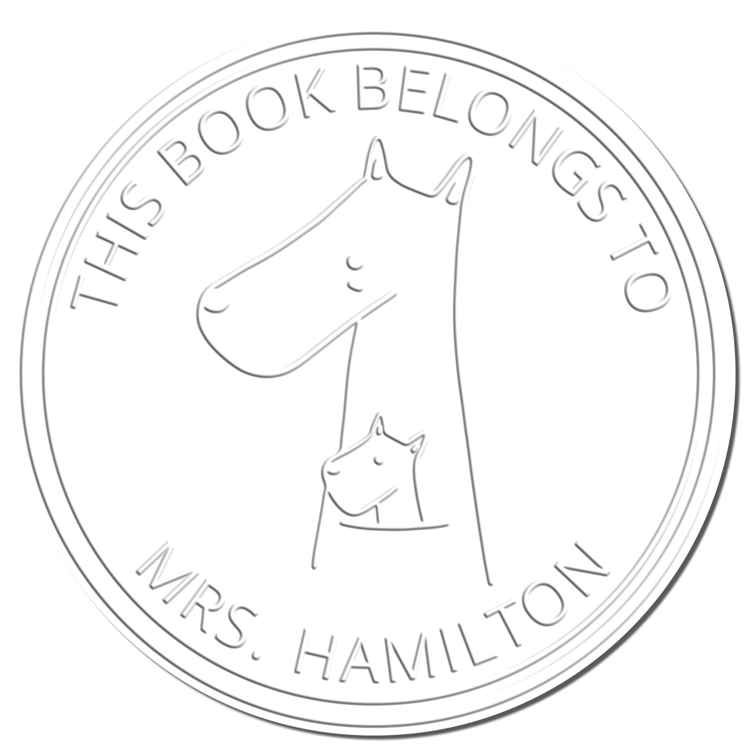 A custom-made embossing seal featuring a MuddleMoo cartoon animal design with a large animal and a smaller one inside. The text reads This Book Belongs To Mrs. Hamilton. Suitable for a custom return mail stamp.