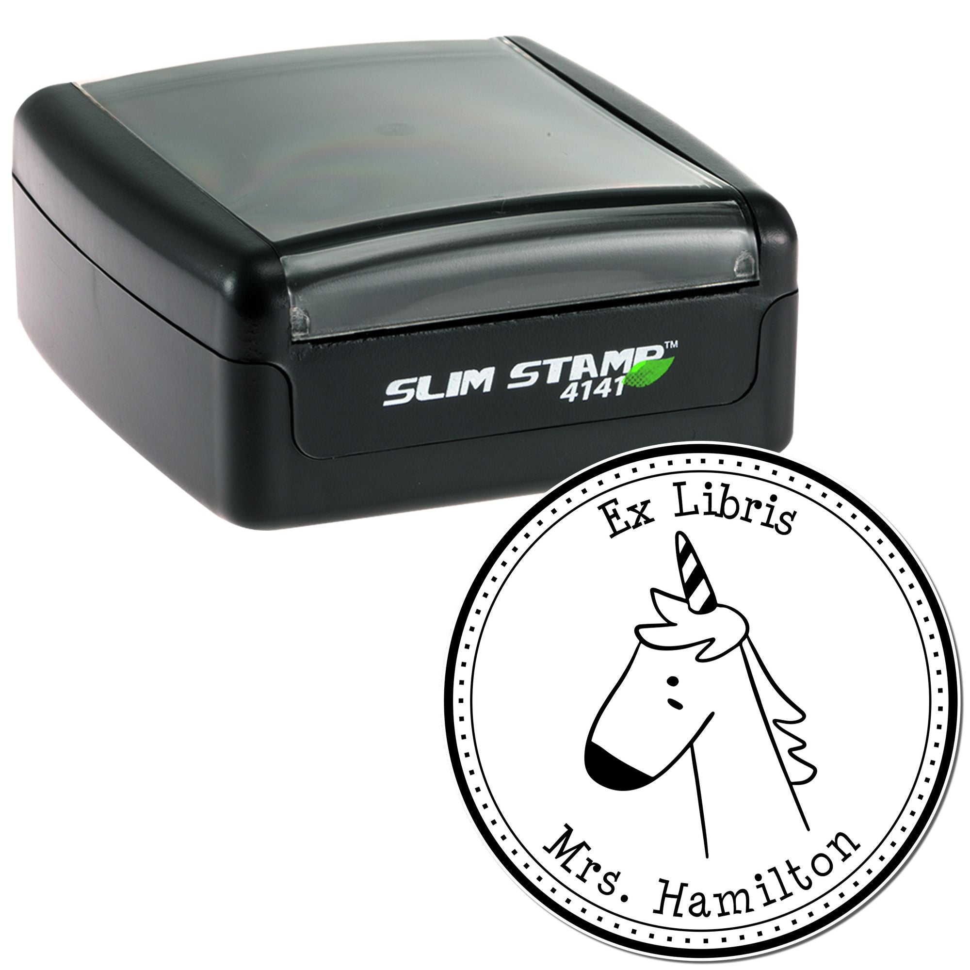 Slim Pre-Inked GlimmerGlide Cartoon Animal Custom Bookplate Template Stamp shown with a unicorn design and "Ex Libris Mrs. Hamilton" text. The Personalized Home Stamper is black with a compact, sleek design.