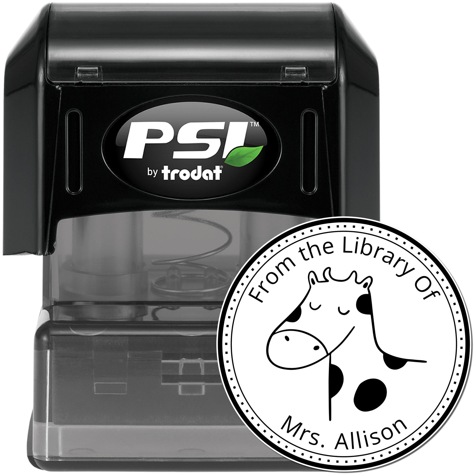 BoopSnoot Cartoon Animal Pre-Inked Customizable Stamp featuring a cute giraffe design with text "From The Library Of Mrs. Allison." Part of the Private Collection Of Stamp series. Includes Customizable New Address Stamper option.
