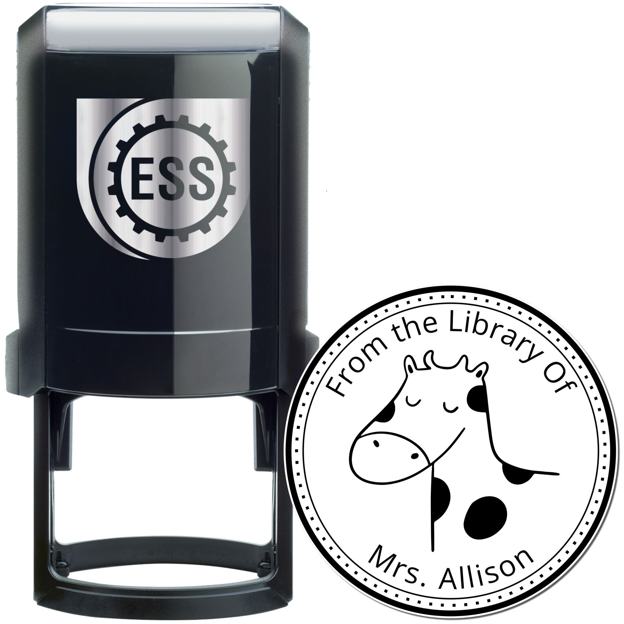 Image of a black self-inking stamp with a circular design featuring a BoopSnoot cartoon animal. The stamp reads "From the Library Of" and is customized with "Mrs. Allison." Keywords include "Custom-Made," "Belongs To The Library Of Stamp," and "Customized New Address Stamp."