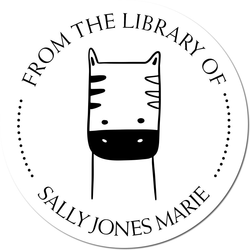 Cartoon animal design on a round PuzzlePounce pre-inked customizable book ownership stamp. Text reads "From the Library of Sally Jones Marie." Ideal for a customizable address stamp. Black and white illustration with a playful zebra motif.