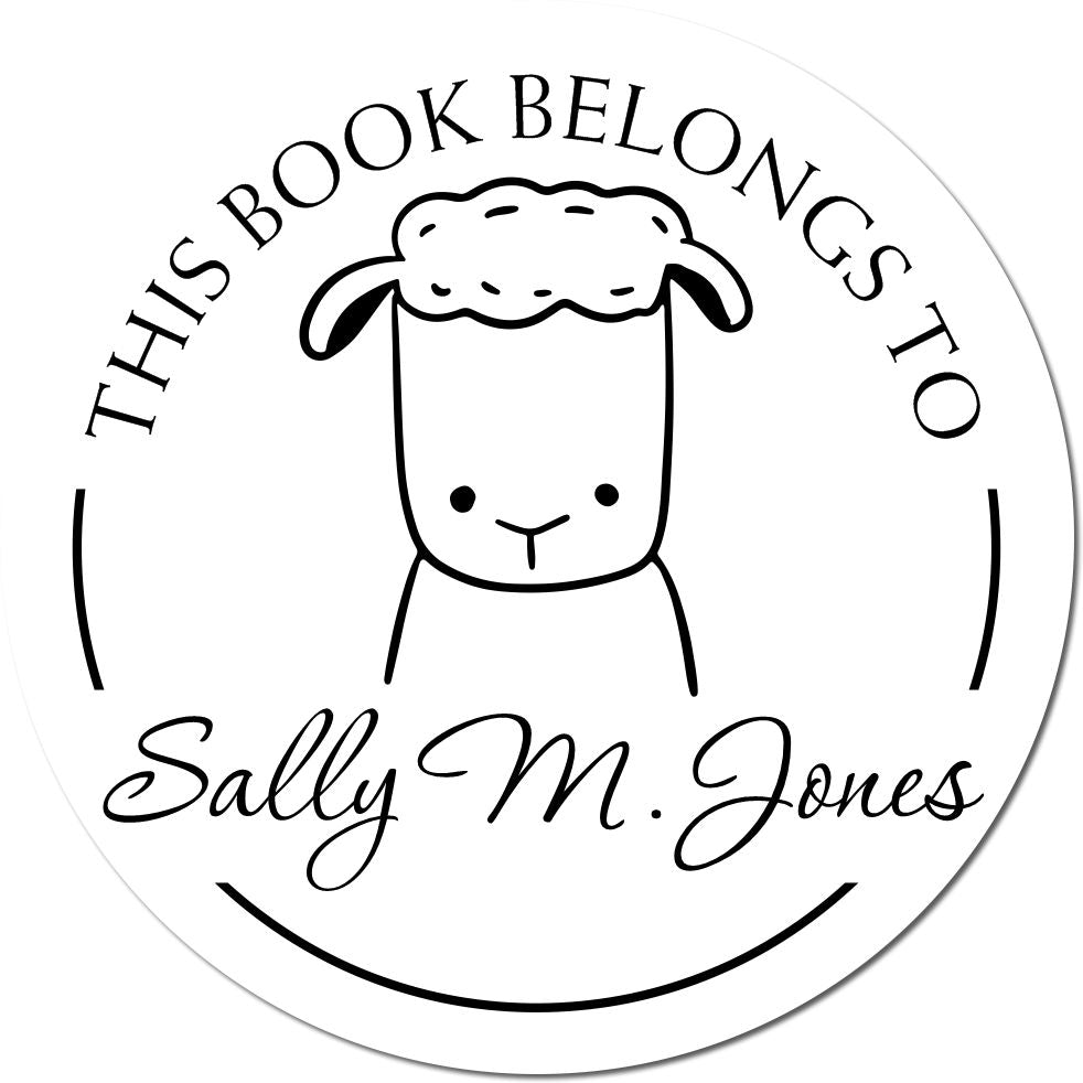 Slim Pre-Inked TwirlTail Cartoon Animal Custom Library Ownership Stamp featuring a cute sheep illustration and the text "This Book Belongs To Sally M. Jones." Ideal as a Custom-Made Home Stamp for personalizing books.