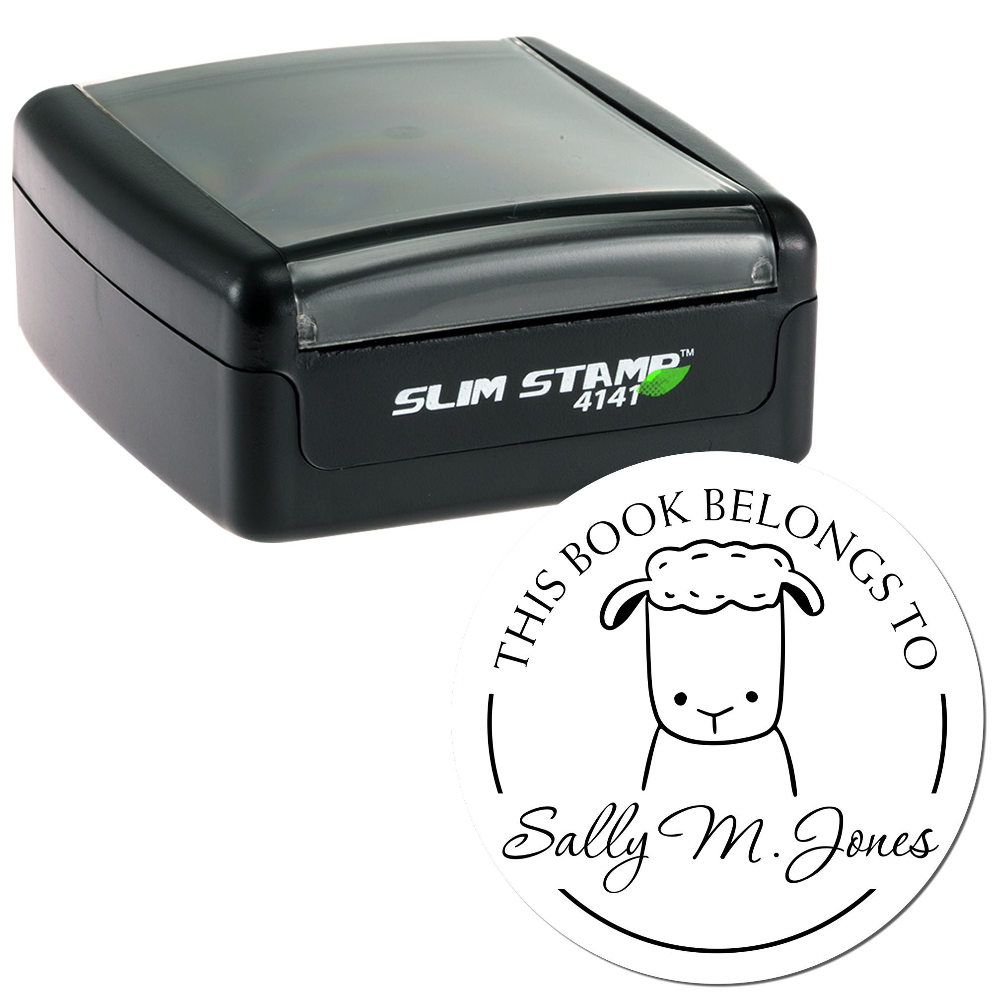 A black Slim Pre-Inked TwirlTail Cartoon Animal Custom Library Ownership Stamp with a cute animal design. Next to it is a Custom-Made Address Stamper featuring the text "This Book Belongs To Sally M. Jones" with a sheep illustration.