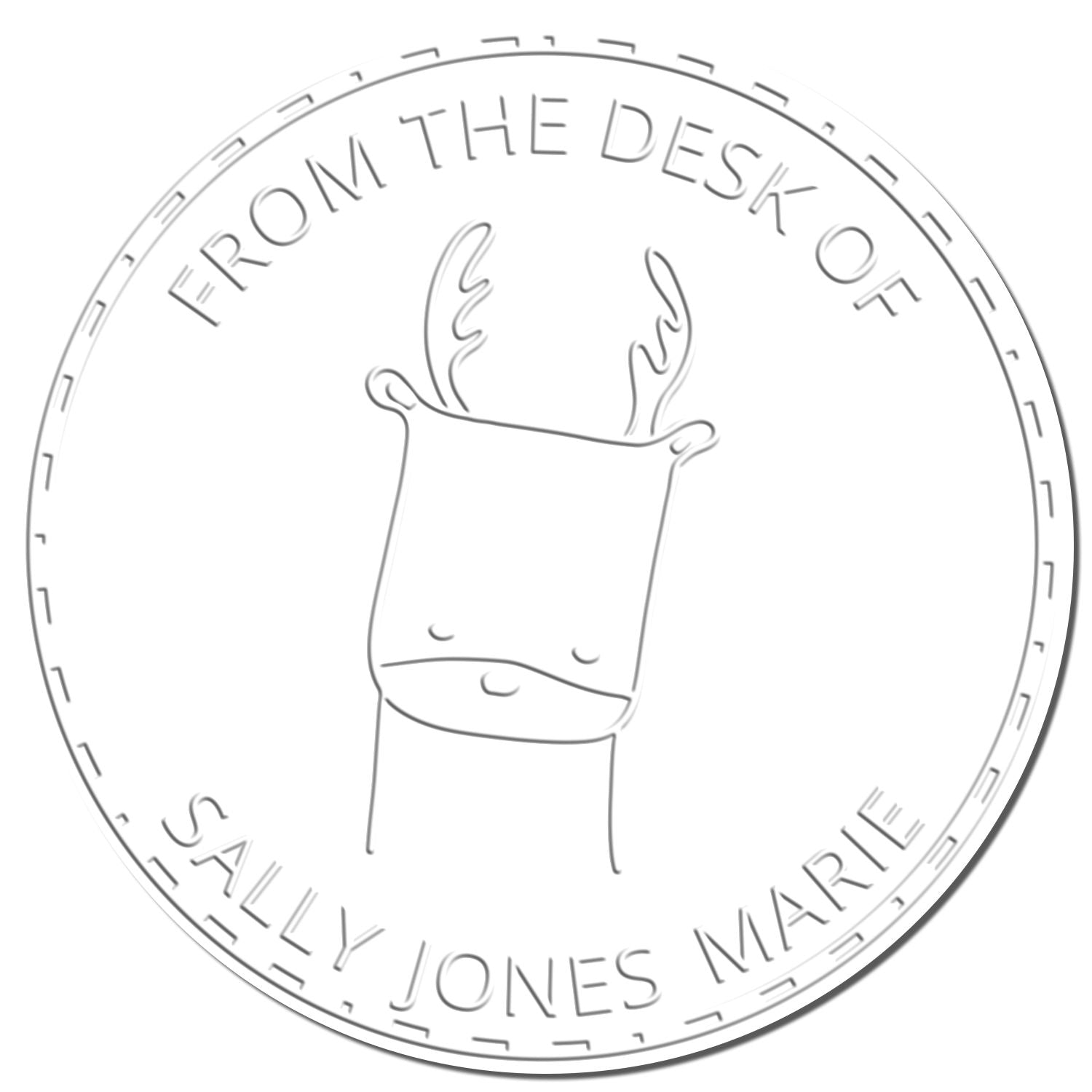 MerryMuzzle Cartoon Animal Hybrid Customized Library Gift Embosser featuring a whimsical reindeer design. The circular stamp reads "From the Desk of Sally Jones Marie." Personalizable Home Stamp ideal for adding a unique touch to stationery.